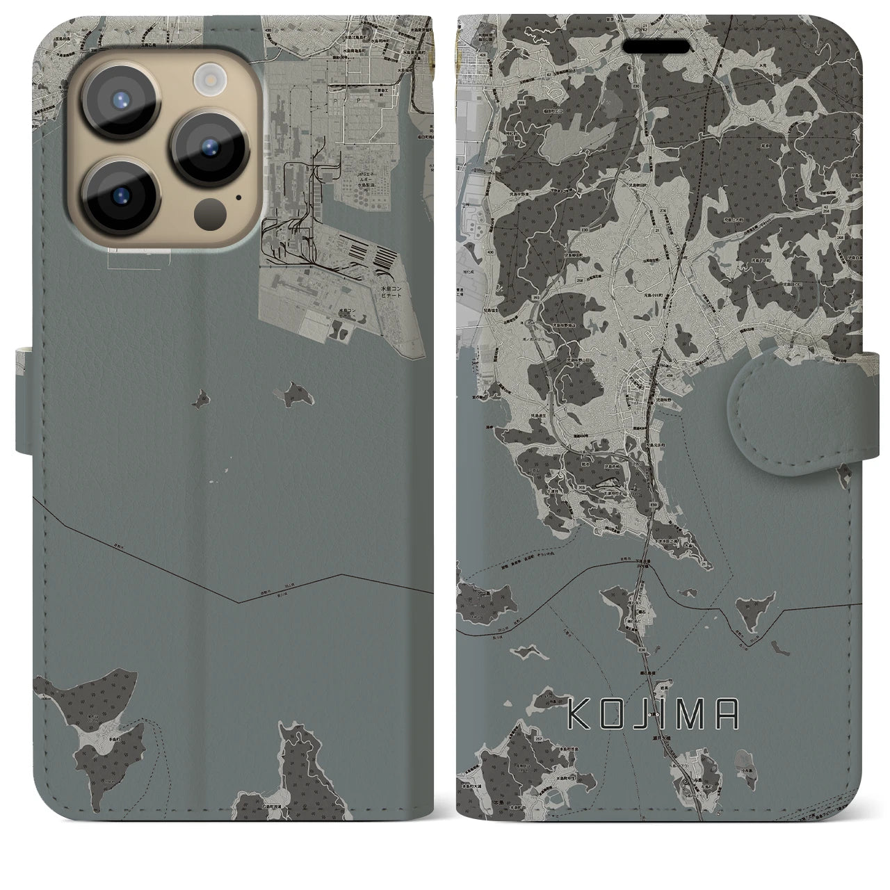 【児島(岡山県)】地図柄iPhoneケース(手帳タイプ)モノトーン・iPhone 14 Pro Max 用