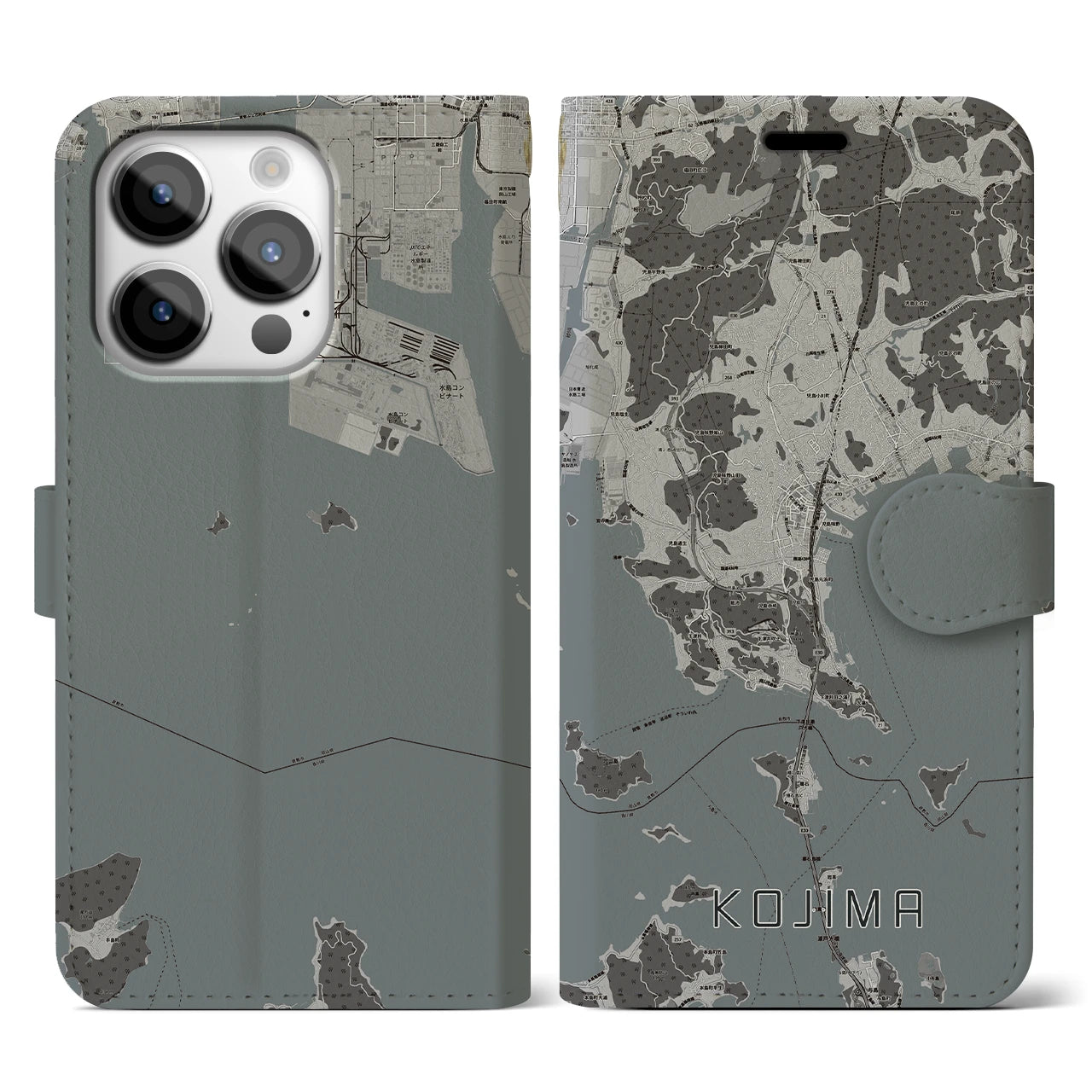 【児島(岡山県)】地図柄iPhoneケース(手帳タイプ)モノトーン・iPhone 14 Pro 用