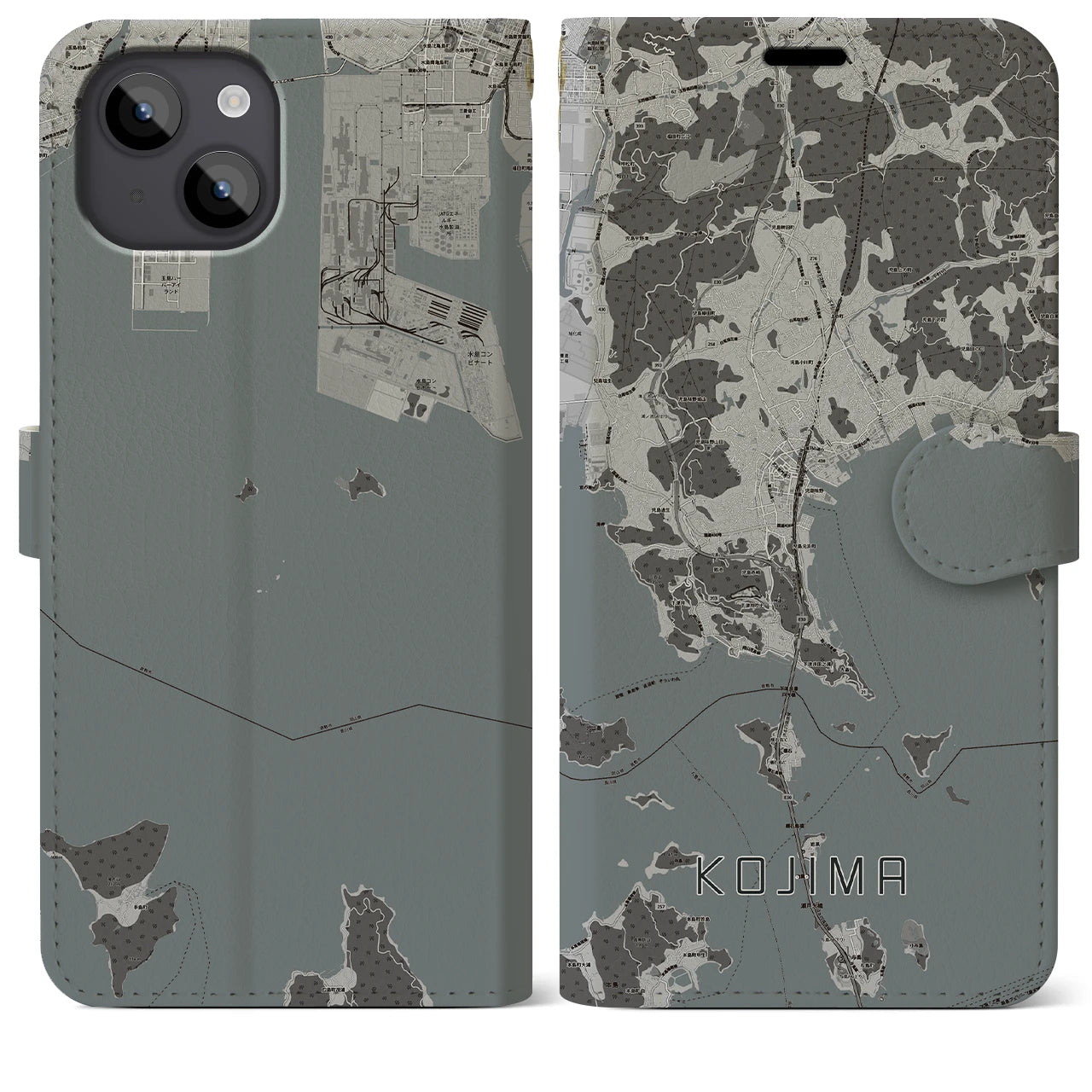 【児島(岡山県)】地図柄iPhoneケース(手帳タイプ)モノトーン・iPhone 14 Plus 用