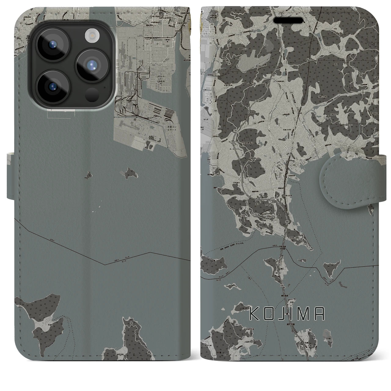 【児島(岡山県)】地図柄iPhoneケース(手帳タイプ)モノトーン・iPhone 15 Pro Max 用