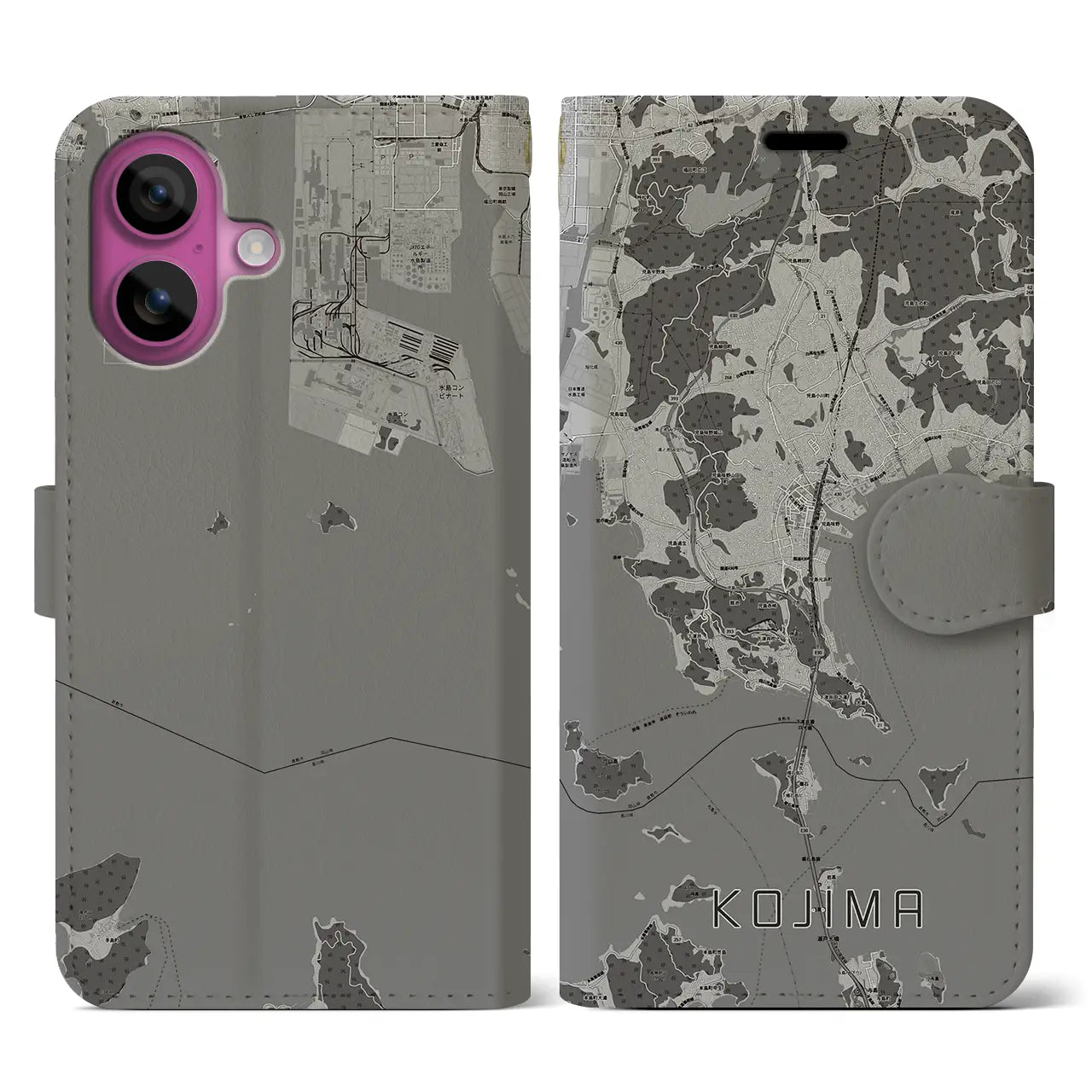 【児島(岡山県)】地図柄iPhoneケース(手帳タイプ)モノトーン・iPhone 16 Pro 用