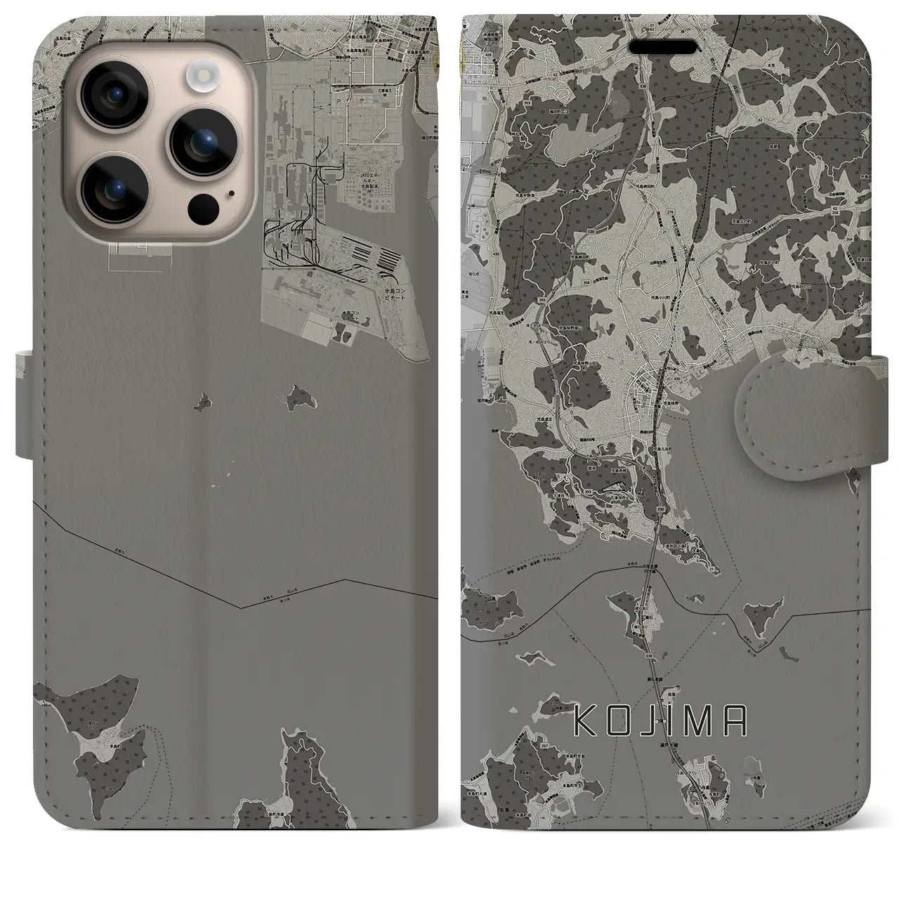 【児島(岡山県)】地図柄iPhoneケース(手帳タイプ)モノトーン・iPhone 16 Plus 用