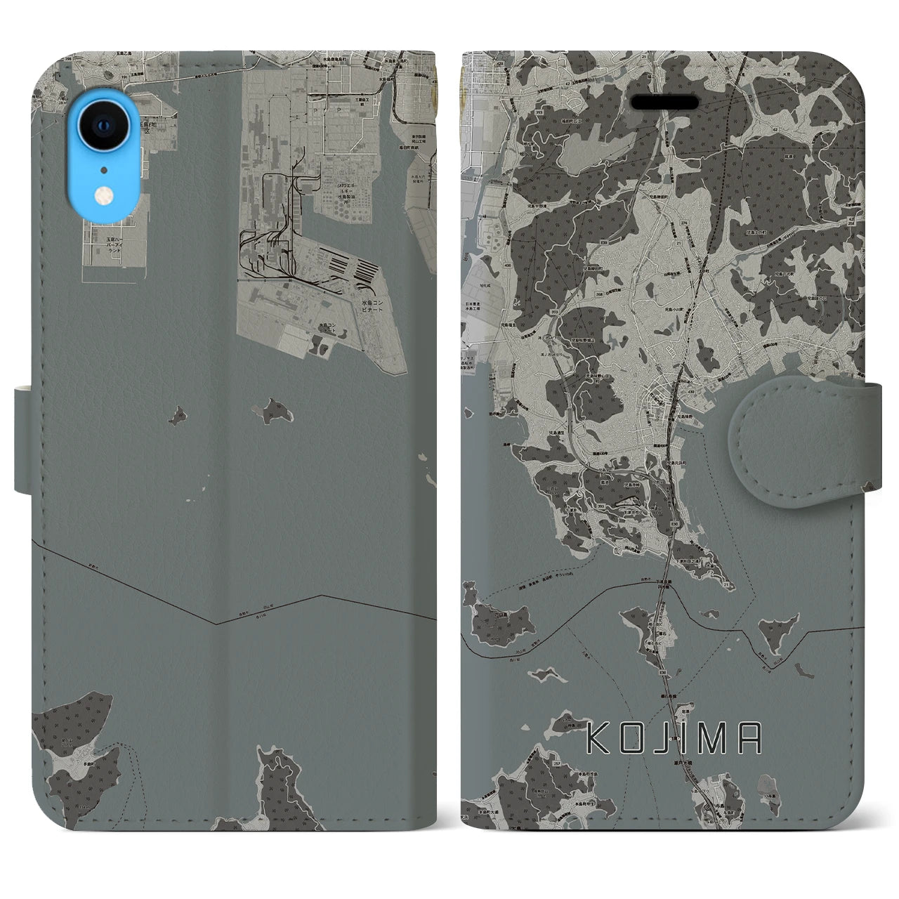 【児島(岡山県)】地図柄iPhoneケース(手帳タイプ)モノトーン・iPhone XR 用