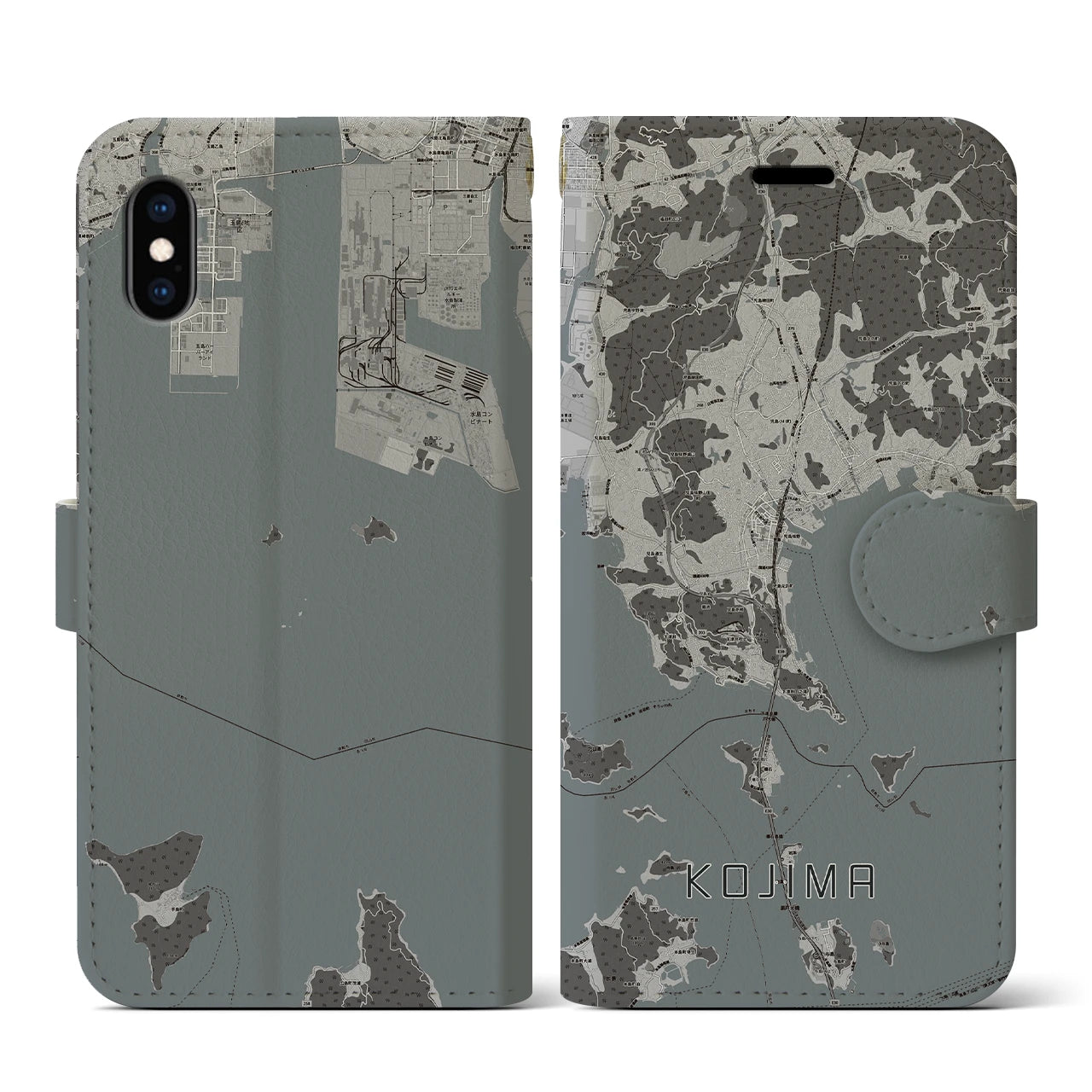 【児島(岡山県)】地図柄iPhoneケース(手帳タイプ)モノトーン・iPhone XS / X 用