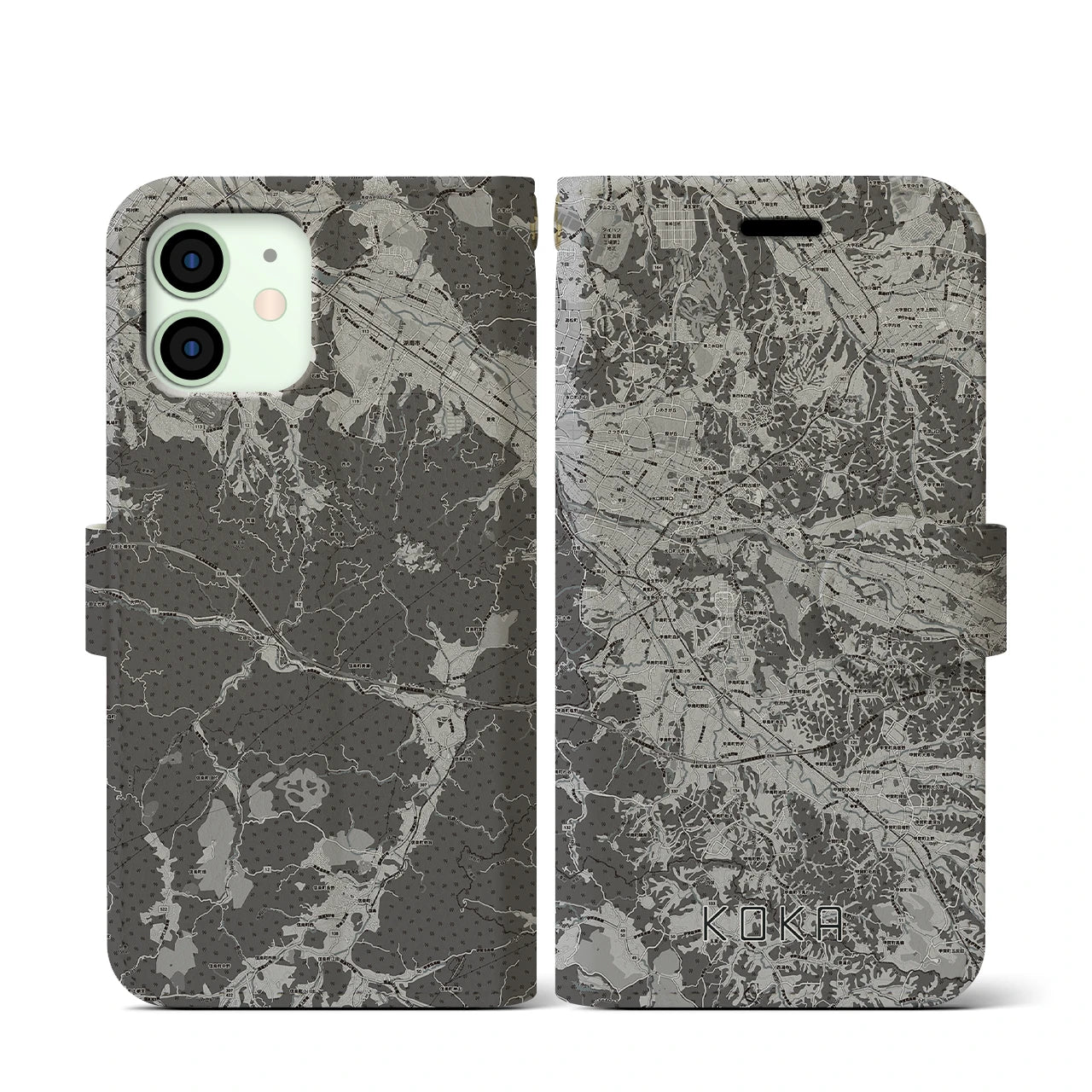 【甲賀(滋賀県)】地図柄iPhoneケース(手帳タイプ)モノトーン・iPhone 12 mini 用