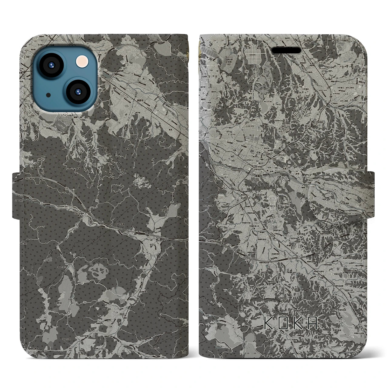 【甲賀(滋賀県)】地図柄iPhoneケース(手帳タイプ)モノトーン・iPhone 13 用