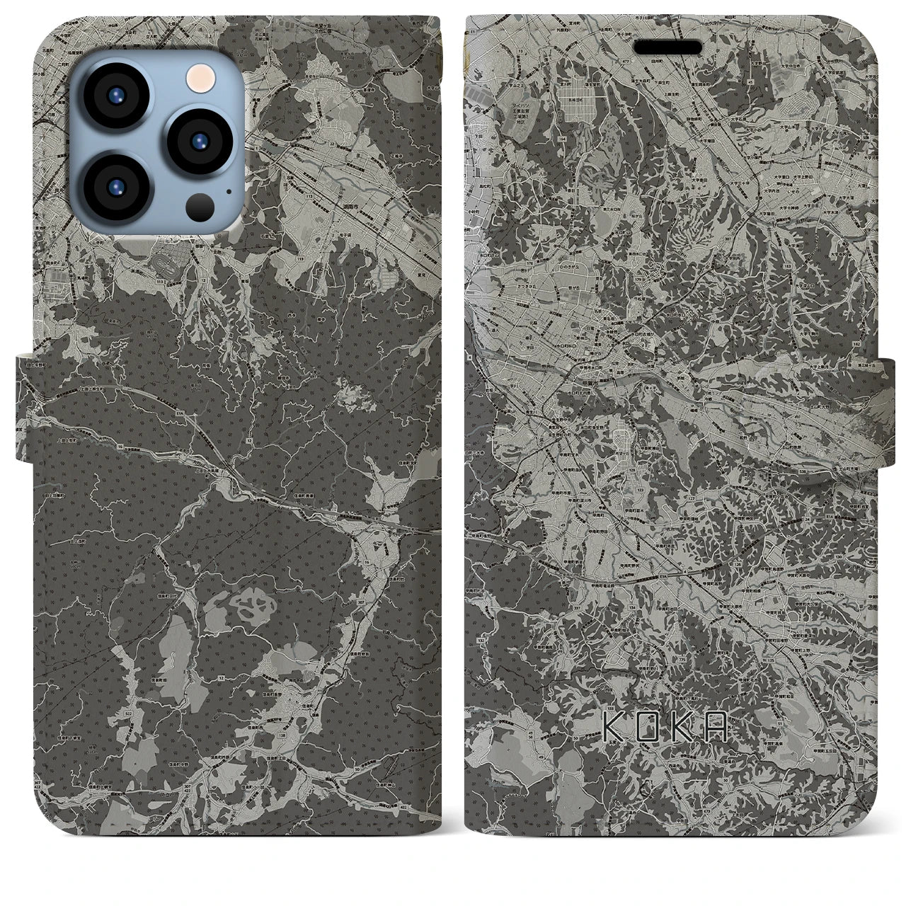 【甲賀(滋賀県)】地図柄iPhoneケース(手帳タイプ)モノトーン・iPhone 13 Pro Max 用