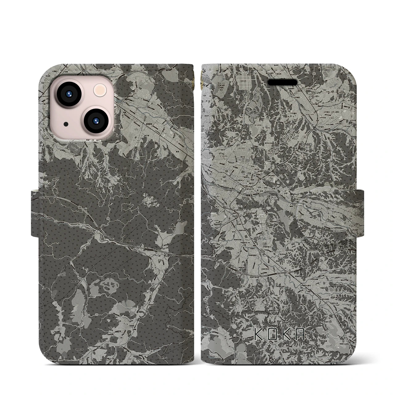 【甲賀(滋賀県)】地図柄iPhoneケース(手帳タイプ)モノトーン・iPhone 13 mini 用