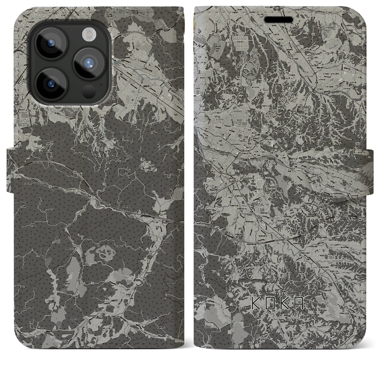 【甲賀(滋賀県)】地図柄iPhoneケース(手帳タイプ)モノトーン・iPhone 15 Pro Max 用