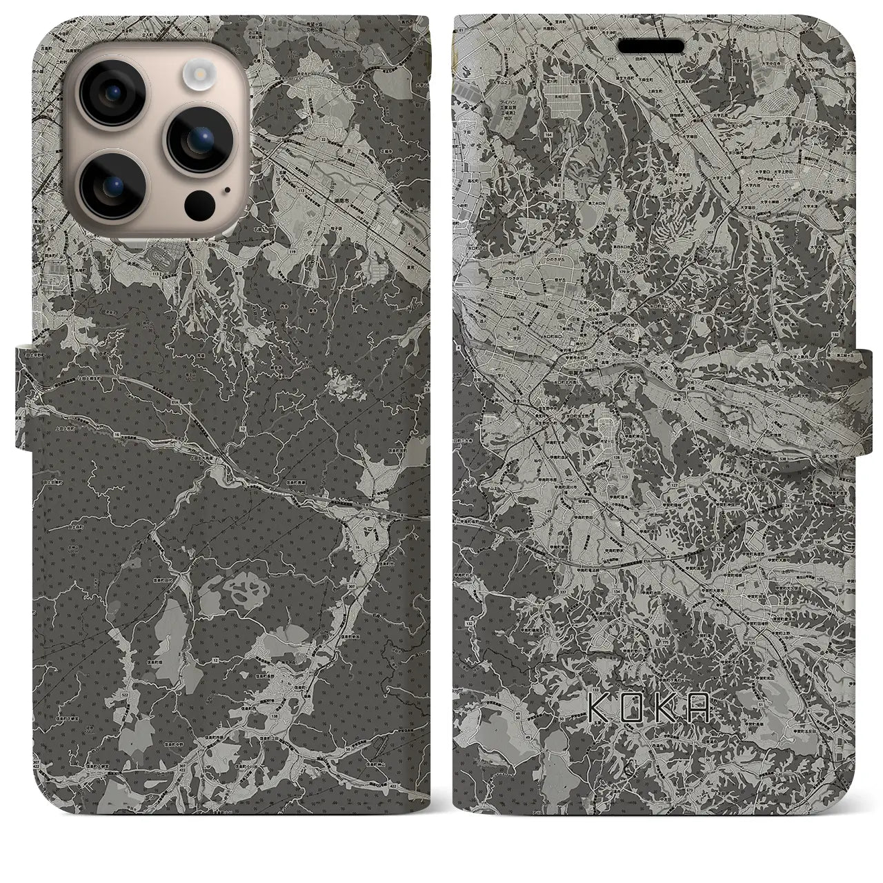 【甲賀(滋賀県)】地図柄iPhoneケース(手帳タイプ)モノトーン・iPhone 16 Plus 用