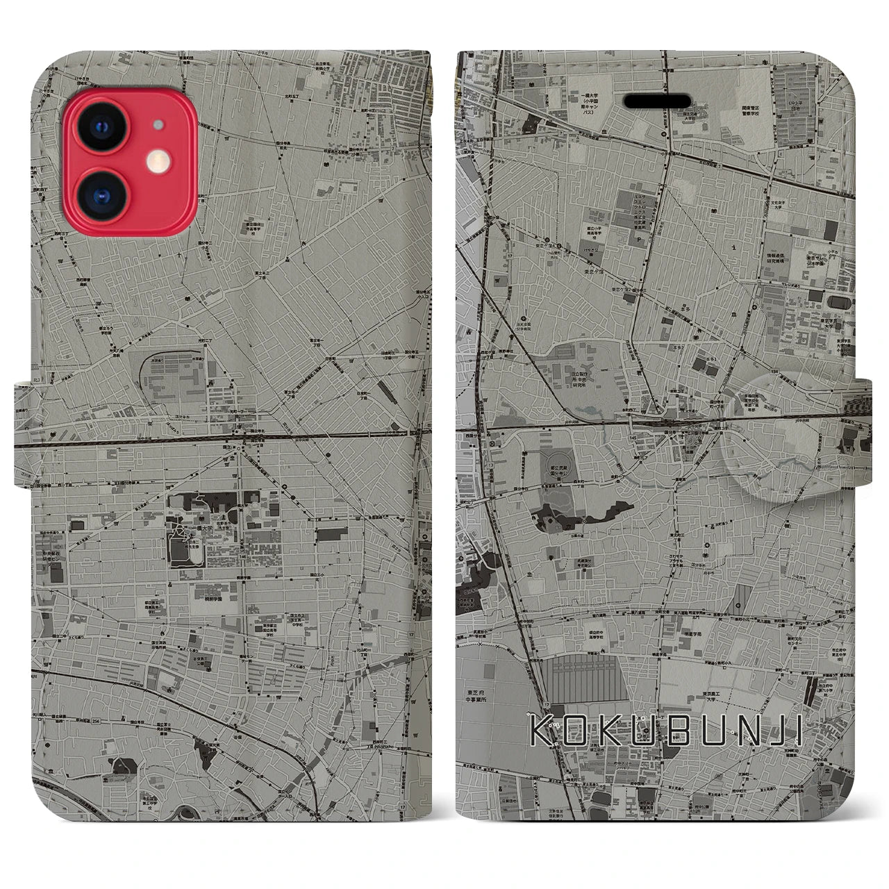 【国分寺(東京都)】地図柄iPhoneケース(手帳タイプ)モノトーン・iPhone 11 用