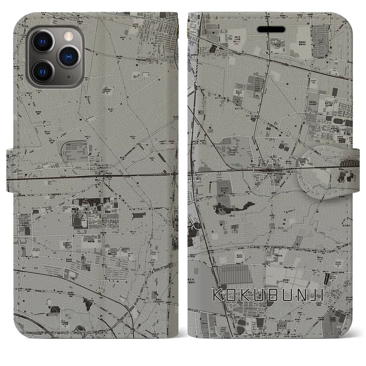 【国分寺(東京都)】地図柄iPhoneケース(手帳タイプ)モノトーン・iPhone 11 Pro Max 用
