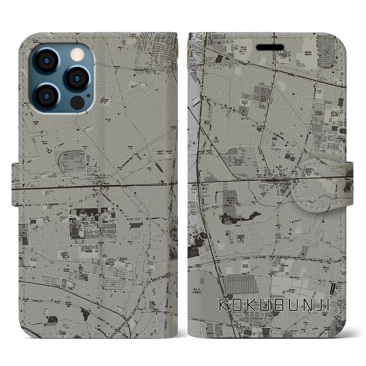 【国分寺(東京都)】地図柄iPhoneケース(手帳タイプ)モノトーン・iPhone 12 / 12 Pro 用