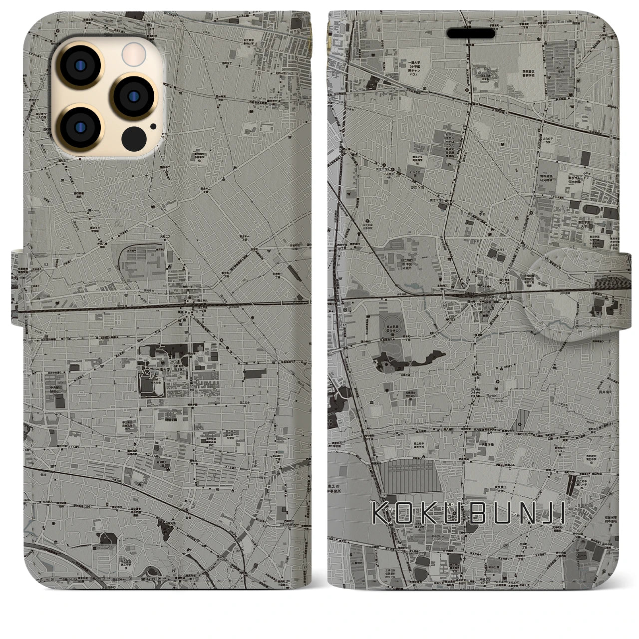 【国分寺(東京都)】地図柄iPhoneケース(手帳タイプ)モノトーン・iPhone 12 Pro Max 用