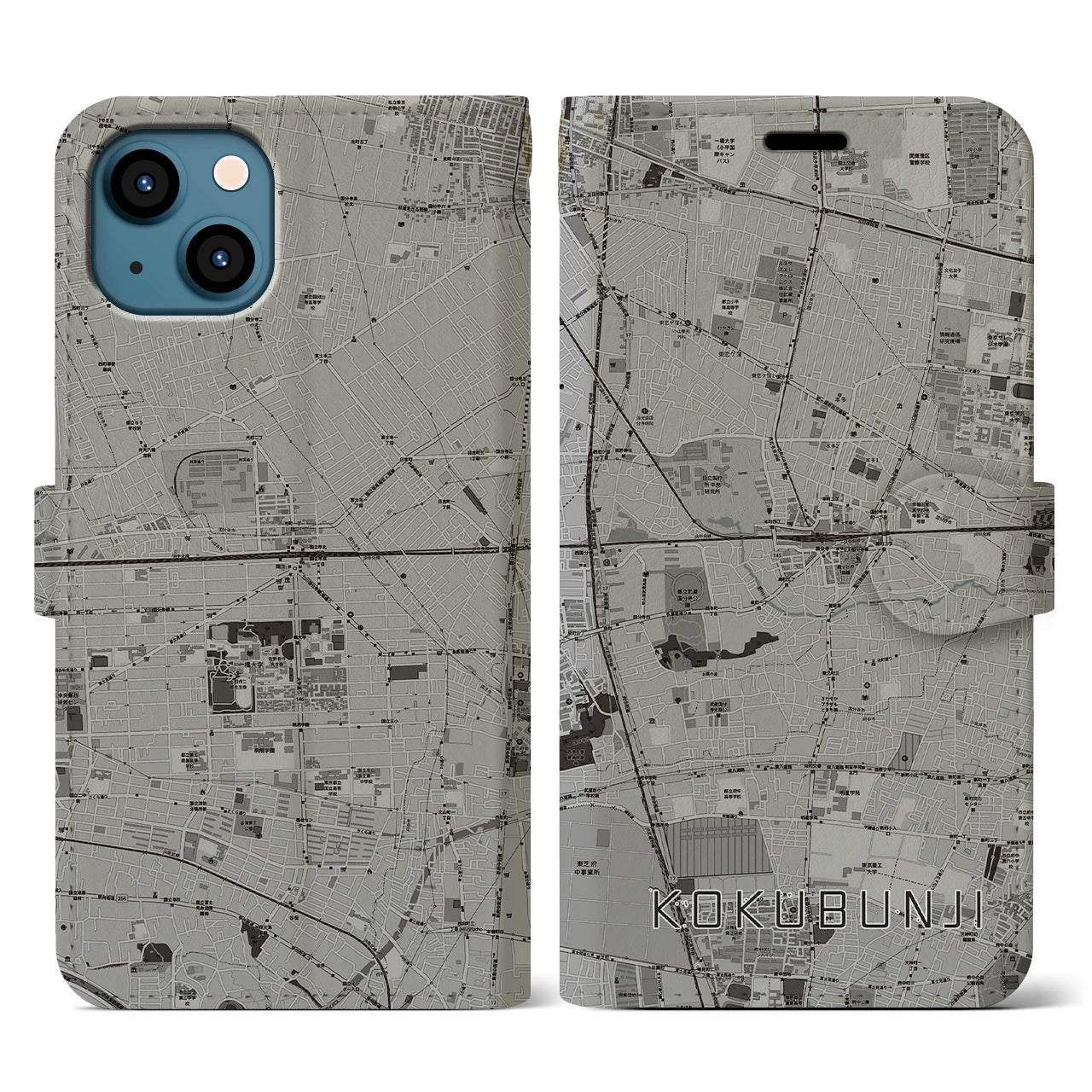 【国分寺(東京都)】地図柄iPhoneケース(手帳タイプ)モノトーン・iPhone 13 用