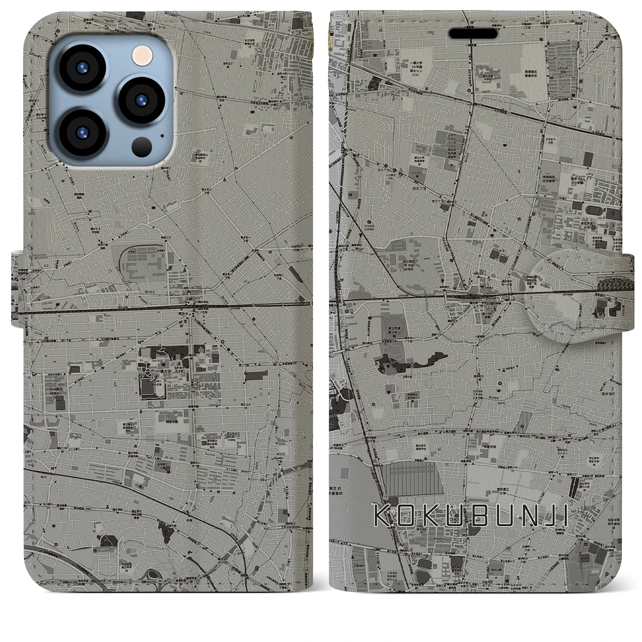 【国分寺(東京都)】地図柄iPhoneケース(手帳タイプ)モノトーン・iPhone 13 Pro Max 用