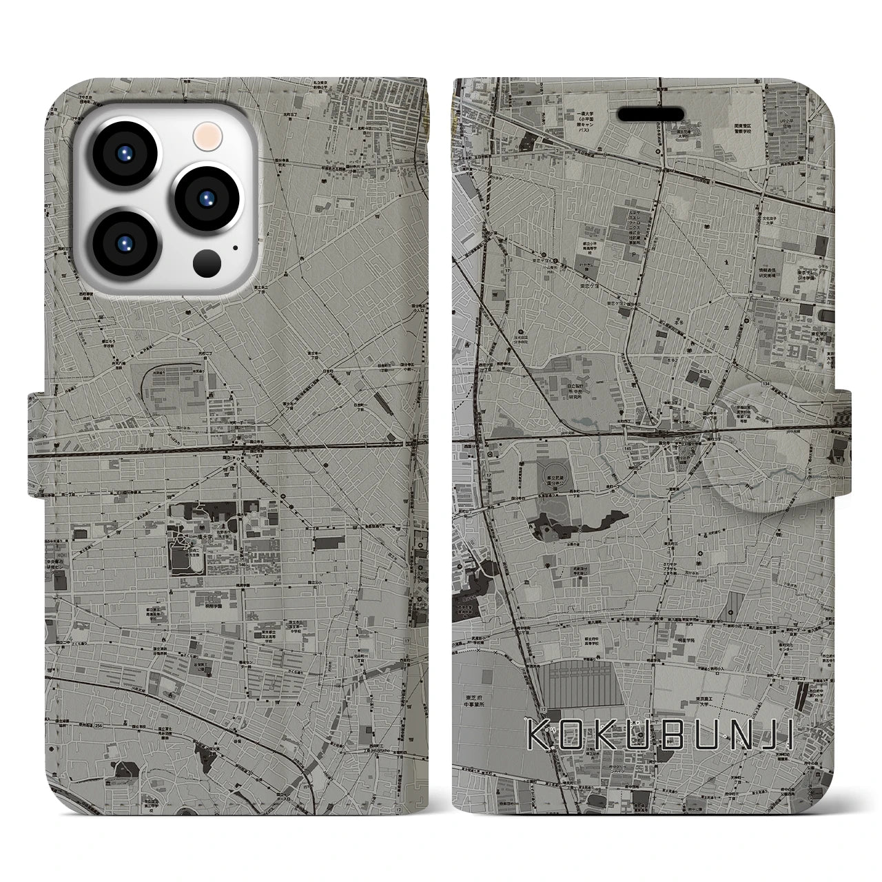 【国分寺(東京都)】地図柄iPhoneケース(手帳タイプ)モノトーン・iPhone 13 Pro 用