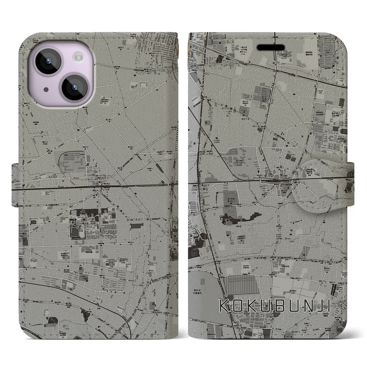 【国分寺(東京都)】地図柄iPhoneケース(手帳タイプ)モノトーン・iPhone 14 用