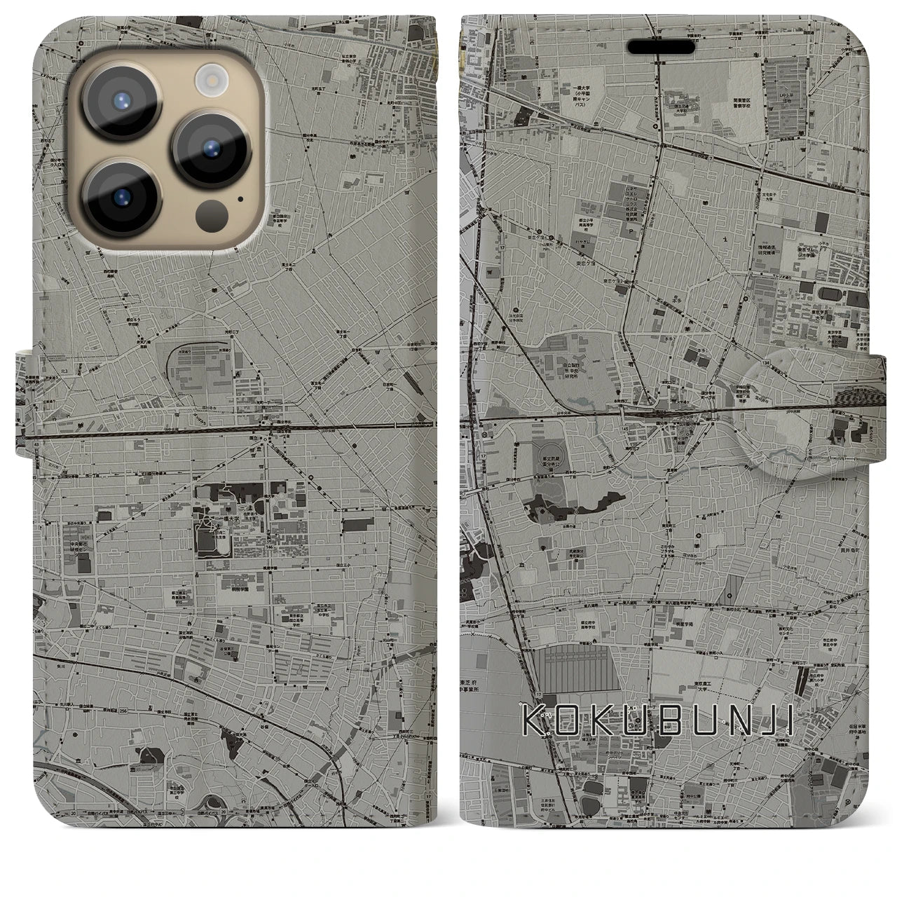 【国分寺(東京都)】地図柄iPhoneケース(手帳タイプ)モノトーン・iPhone 14 Pro Max 用