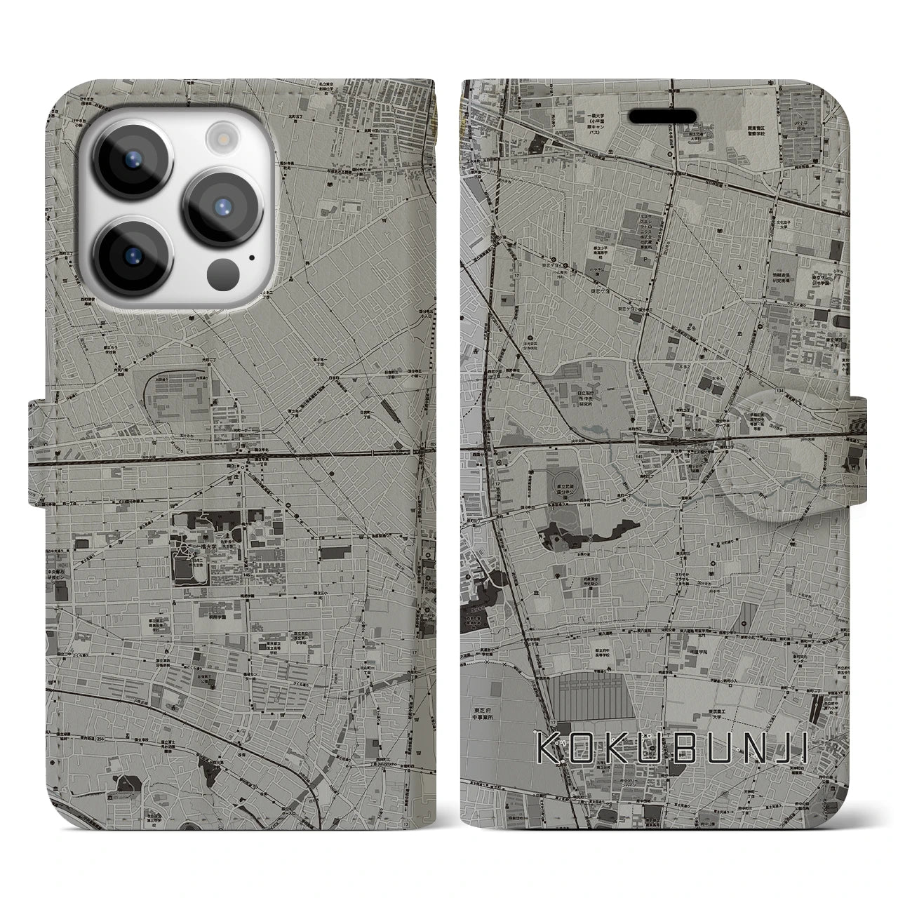 【国分寺(東京都)】地図柄iPhoneケース(手帳タイプ)モノトーン・iPhone 14 Pro 用