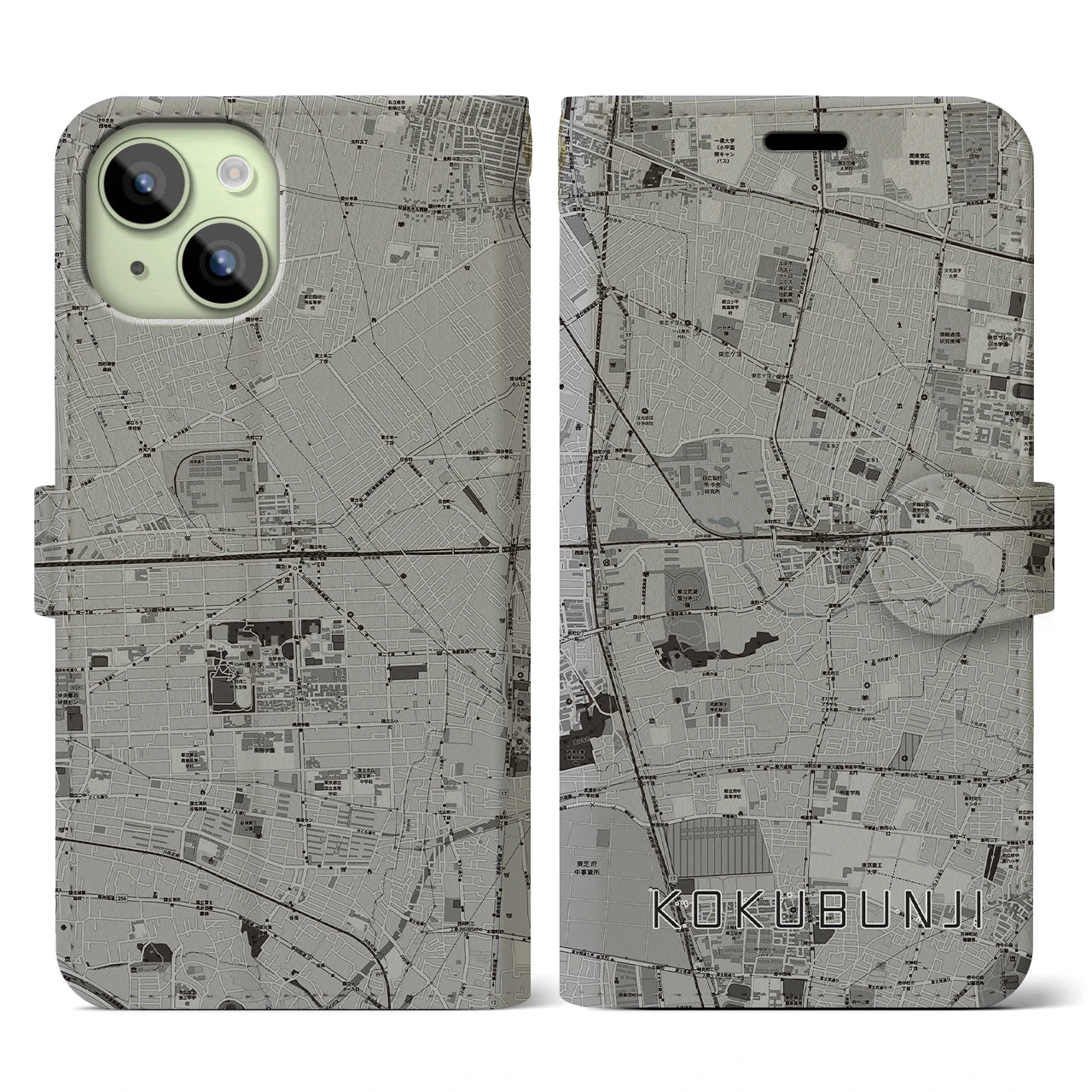 【国分寺(東京都)】地図柄iPhoneケース(手帳タイプ)モノトーン・iPhone 15 用