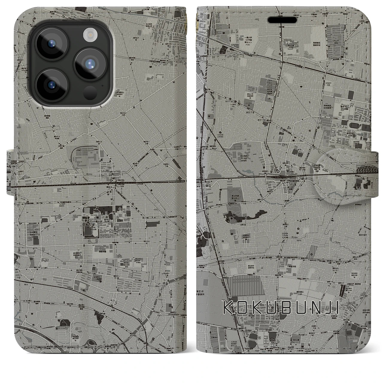 【国分寺(東京都)】地図柄iPhoneケース(手帳タイプ)モノトーン・iPhone 15 Pro Max 用