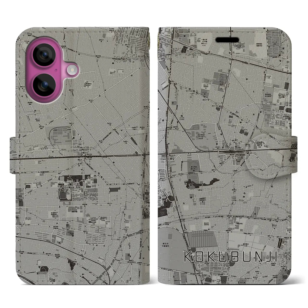 【国分寺(東京都)】地図柄iPhoneケース(手帳タイプ)モノトーン・iPhone 16 Pro 用