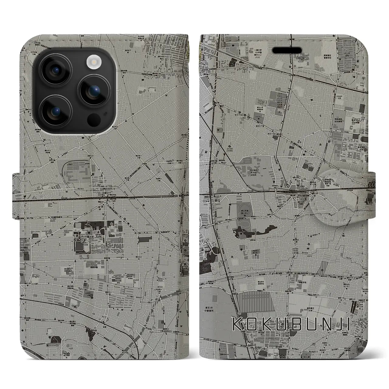 【国分寺(東京都)】地図柄iPhoneケース(手帳タイプ)モノトーン・iPhone 16 用