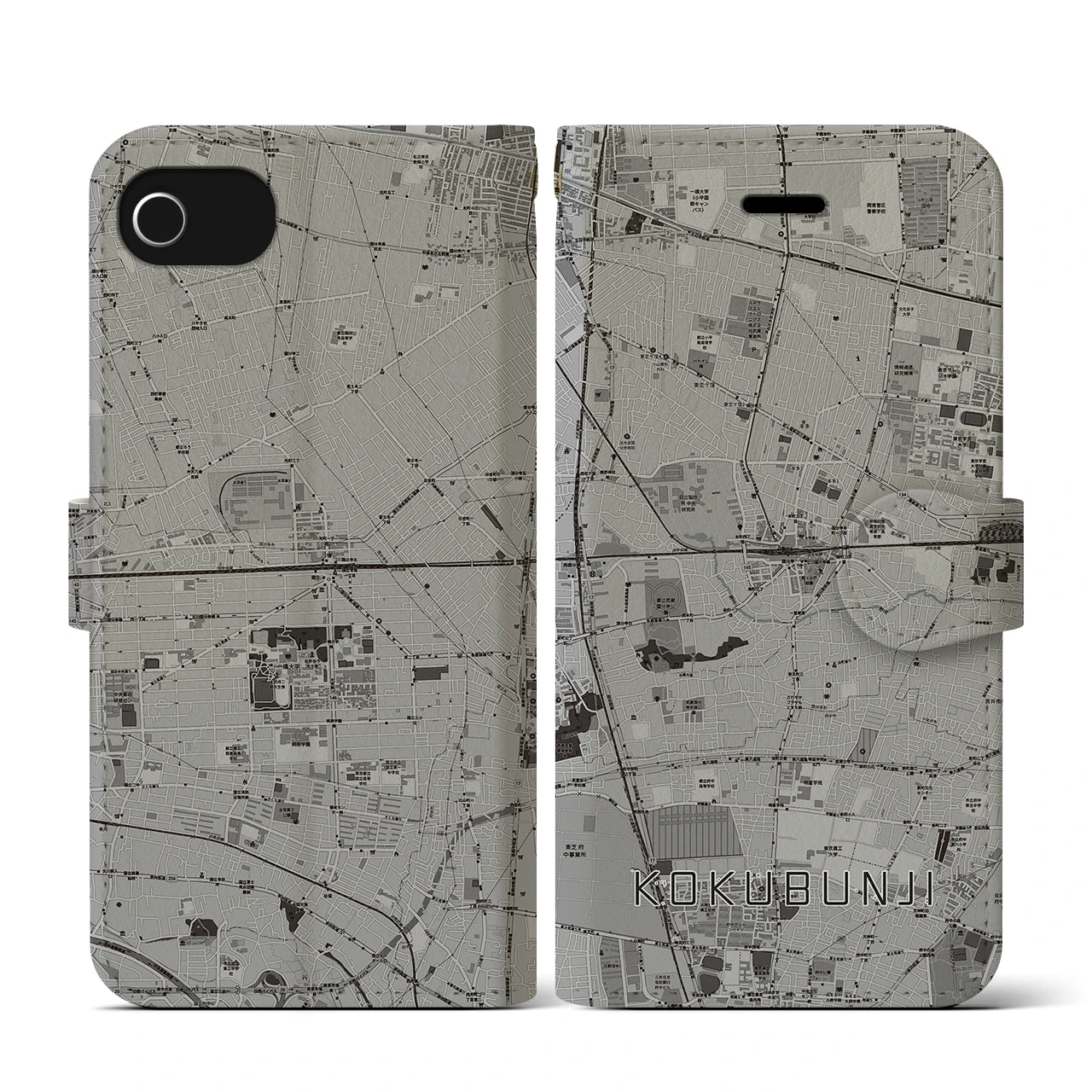 【国分寺(東京都)】地図柄iPhoneケース(手帳タイプ)モノトーン・iPhone SE(第3 / 第2世代) / 8 / 7 / 6s / 6 用