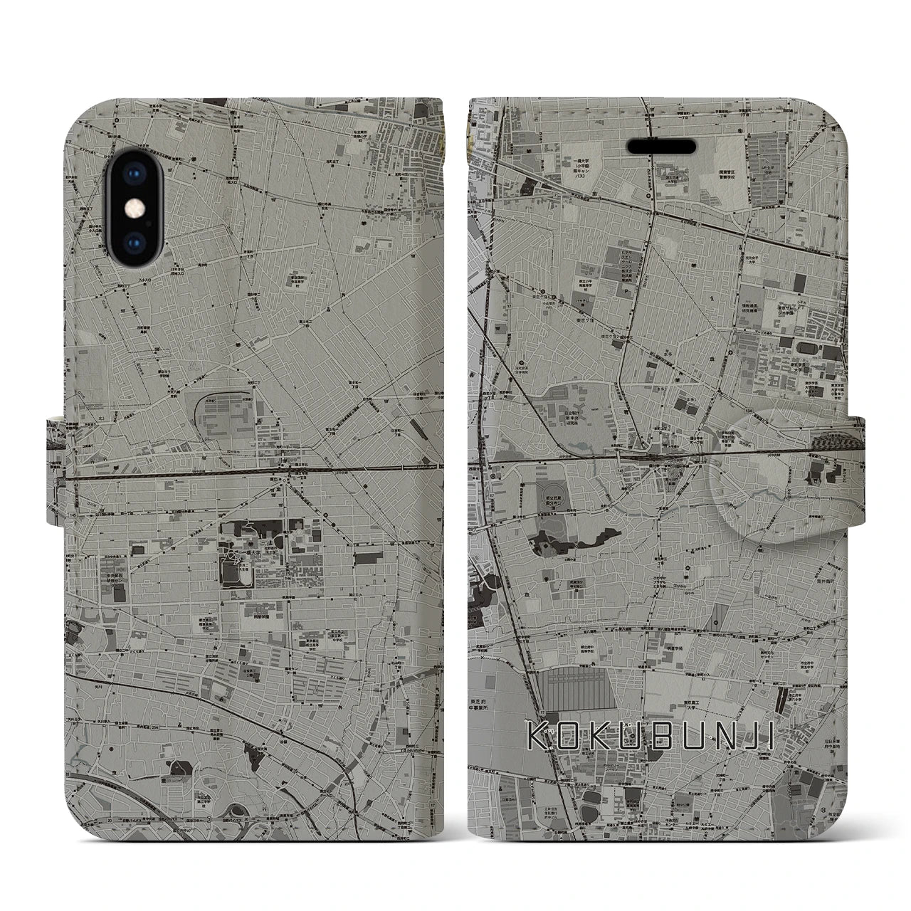 【国分寺(東京都)】地図柄iPhoneケース(手帳タイプ)モノトーン・iPhone XS / X 用