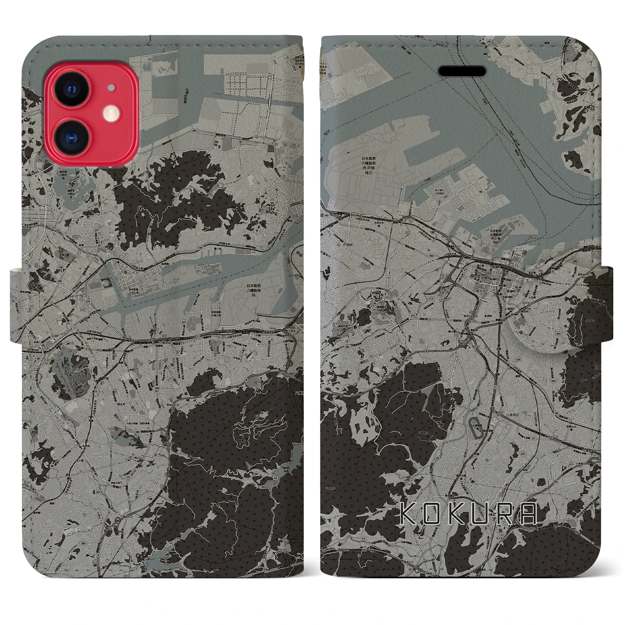 【小倉(福岡県)】地図柄iPhoneケース(手帳タイプ)モノトーン・iPhone 11 用