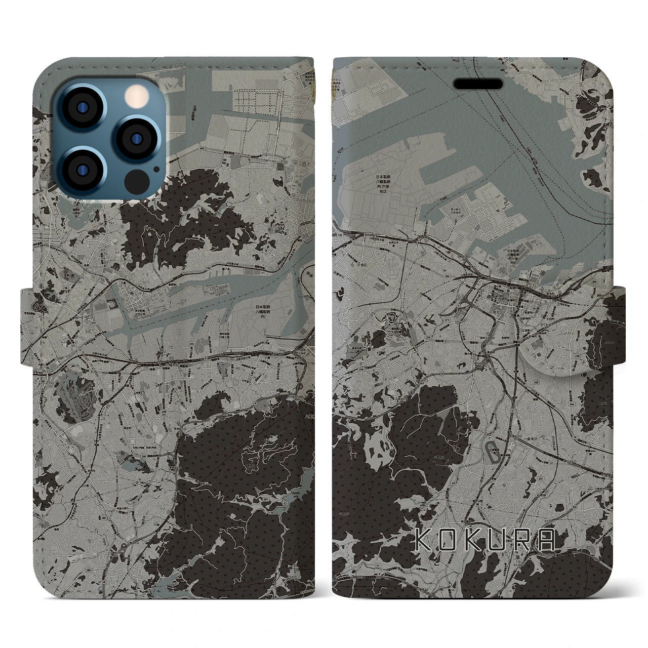 【小倉(福岡県)】地図柄iPhoneケース(手帳タイプ)モノトーン・iPhone 12 / 12 Pro 用