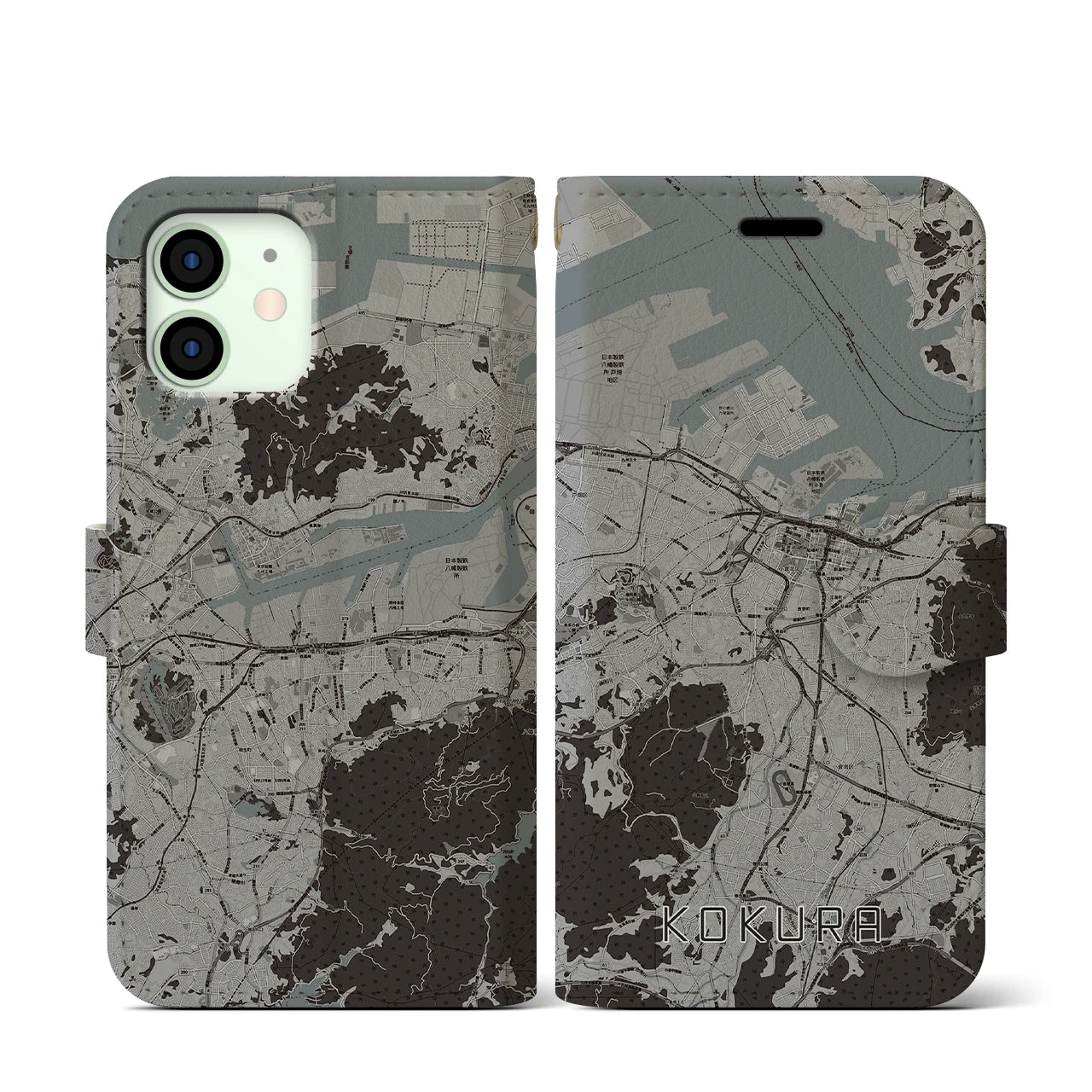 【小倉(福岡県)】地図柄iPhoneケース(手帳タイプ)モノトーン・iPhone 12 mini 用