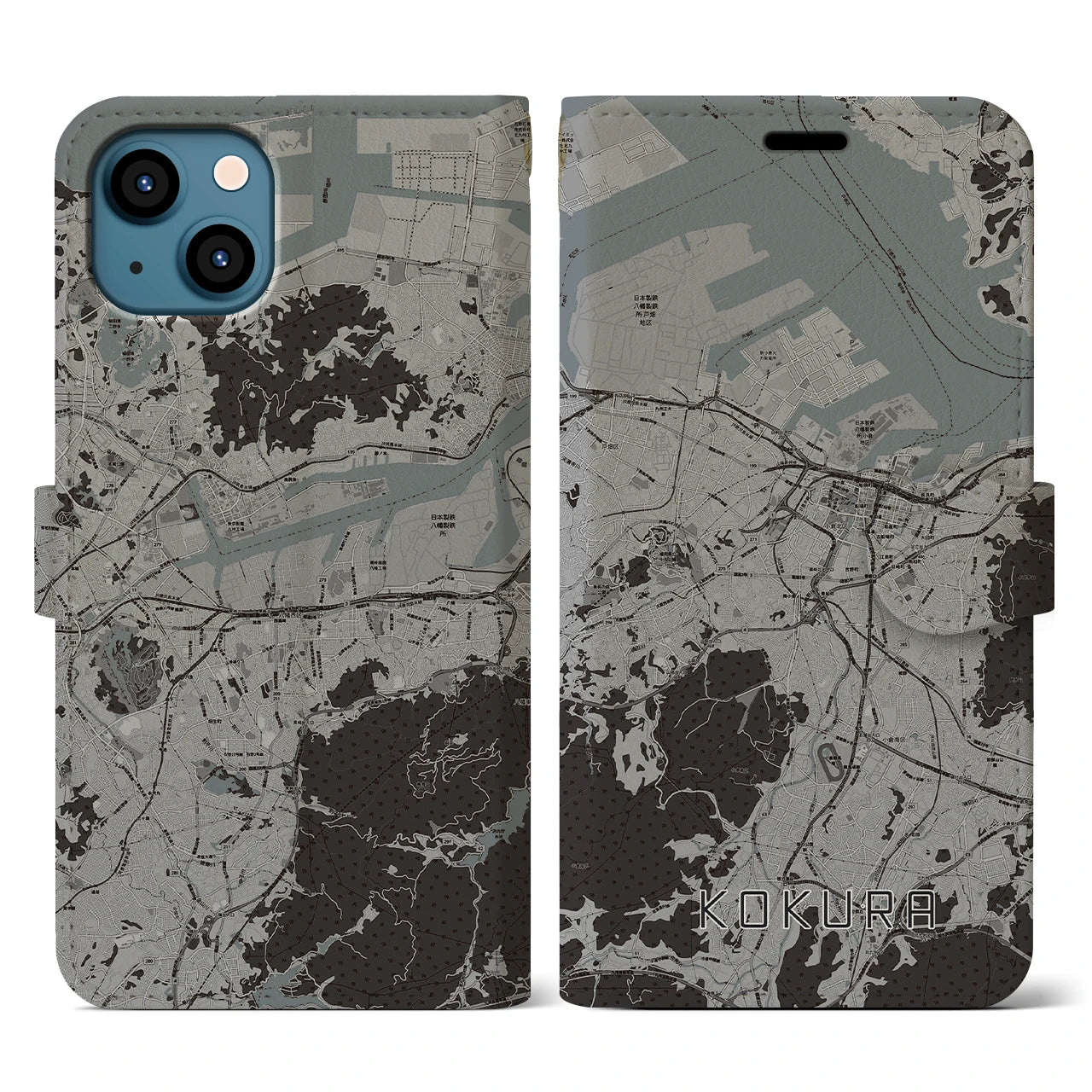 【小倉(福岡県)】地図柄iPhoneケース(手帳タイプ)モノトーン・iPhone 13 用