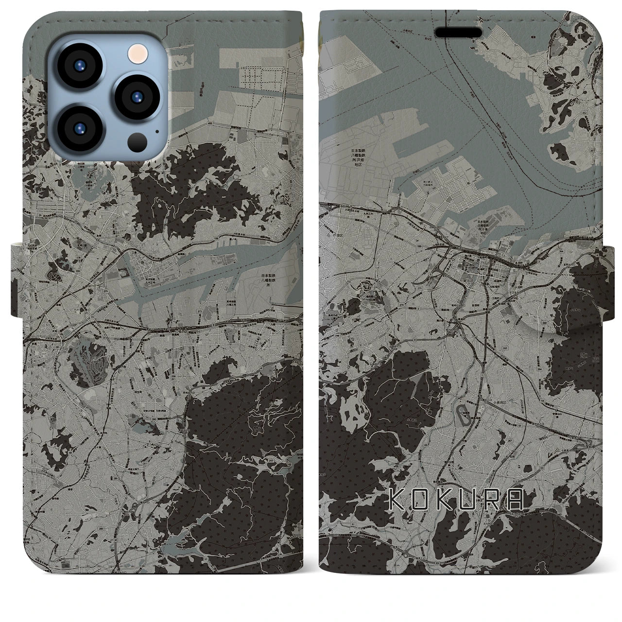 【小倉(福岡県)】地図柄iPhoneケース(手帳タイプ)モノトーン・iPhone 13 Pro Max 用