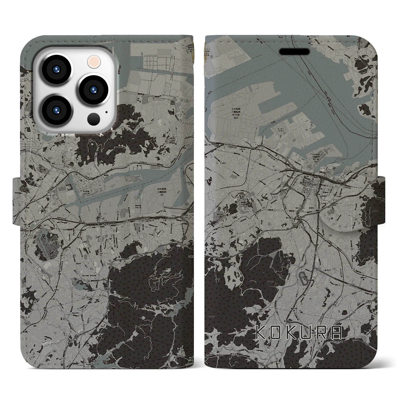 【小倉(福岡県)】地図柄iPhoneケース(手帳タイプ)モノトーン・iPhone 13 Pro 用