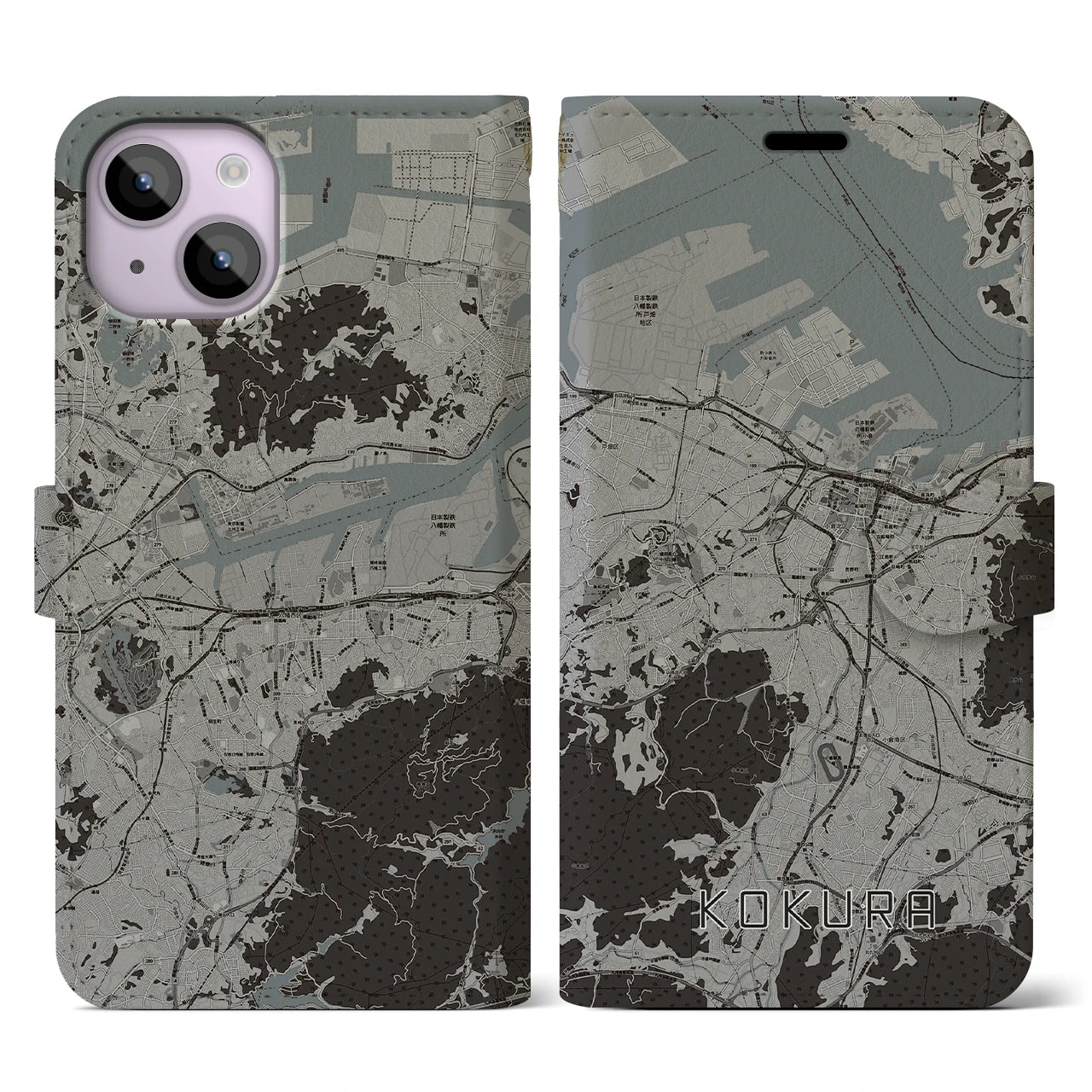 【小倉(福岡県)】地図柄iPhoneケース(手帳タイプ)モノトーン・iPhone 14 用