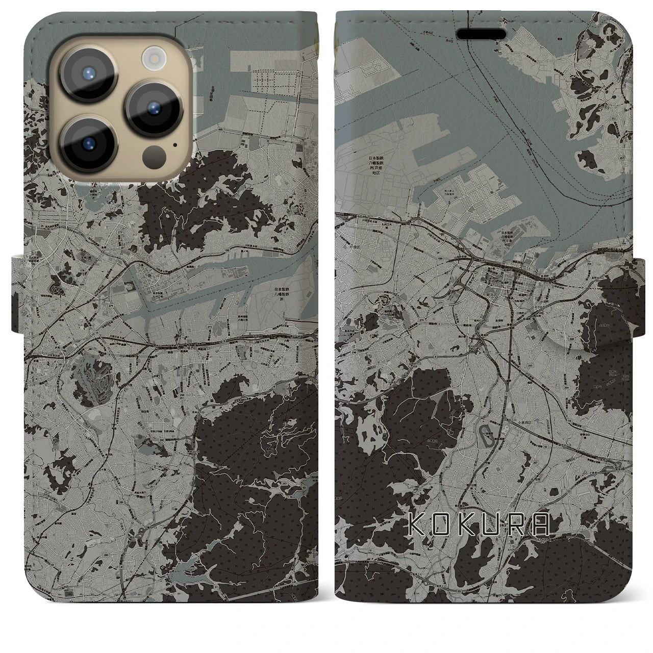 【小倉(福岡県)】地図柄iPhoneケース(手帳タイプ)モノトーン・iPhone 14 Pro Max 用
