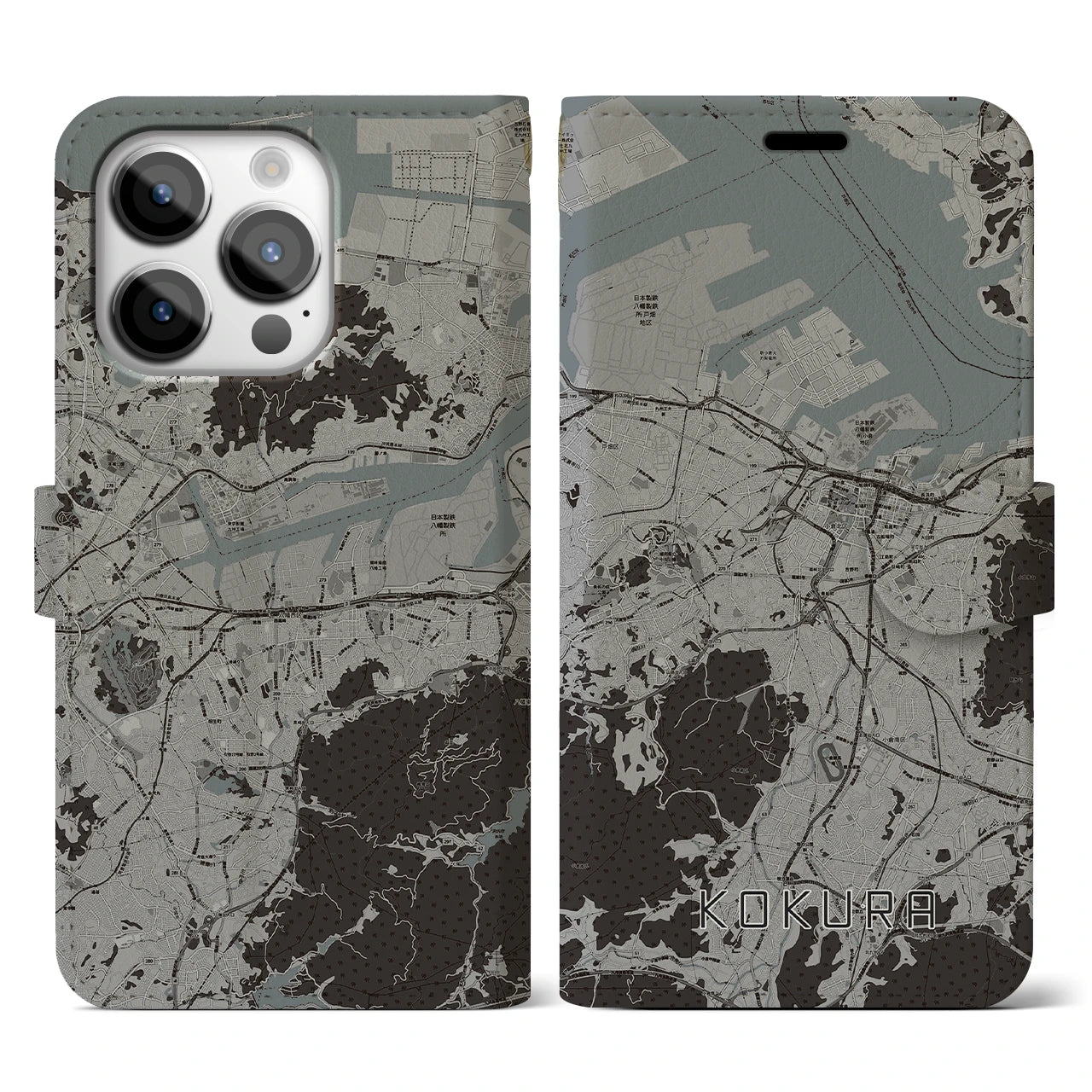 【小倉(福岡県)】地図柄iPhoneケース(手帳タイプ)モノトーン・iPhone 14 Pro 用