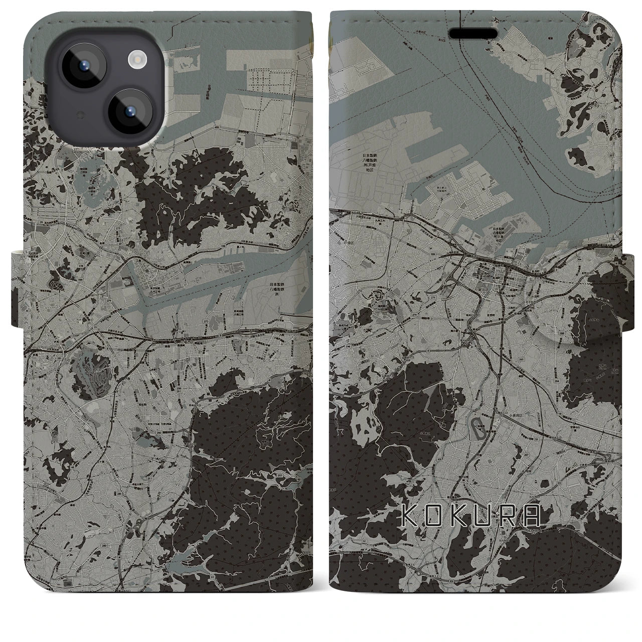 【小倉(福岡県)】地図柄iPhoneケース(手帳タイプ)モノトーン・iPhone 14 Plus 用