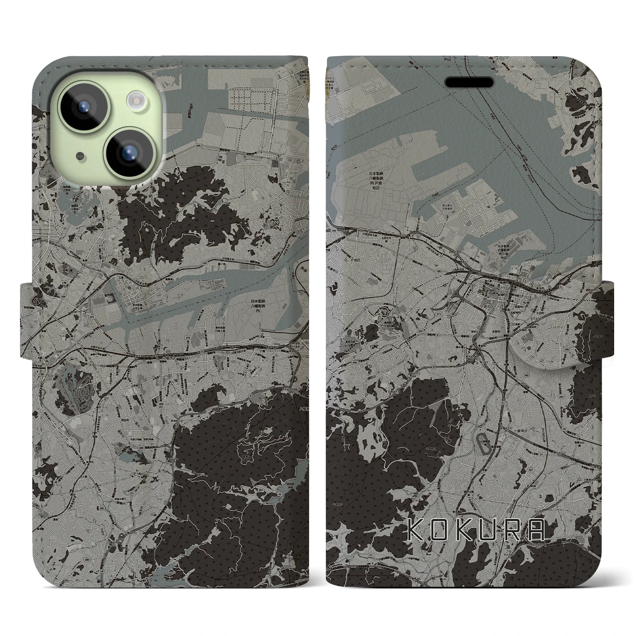 【小倉(福岡県)】地図柄iPhoneケース(手帳タイプ)モノトーン・iPhone 15 用