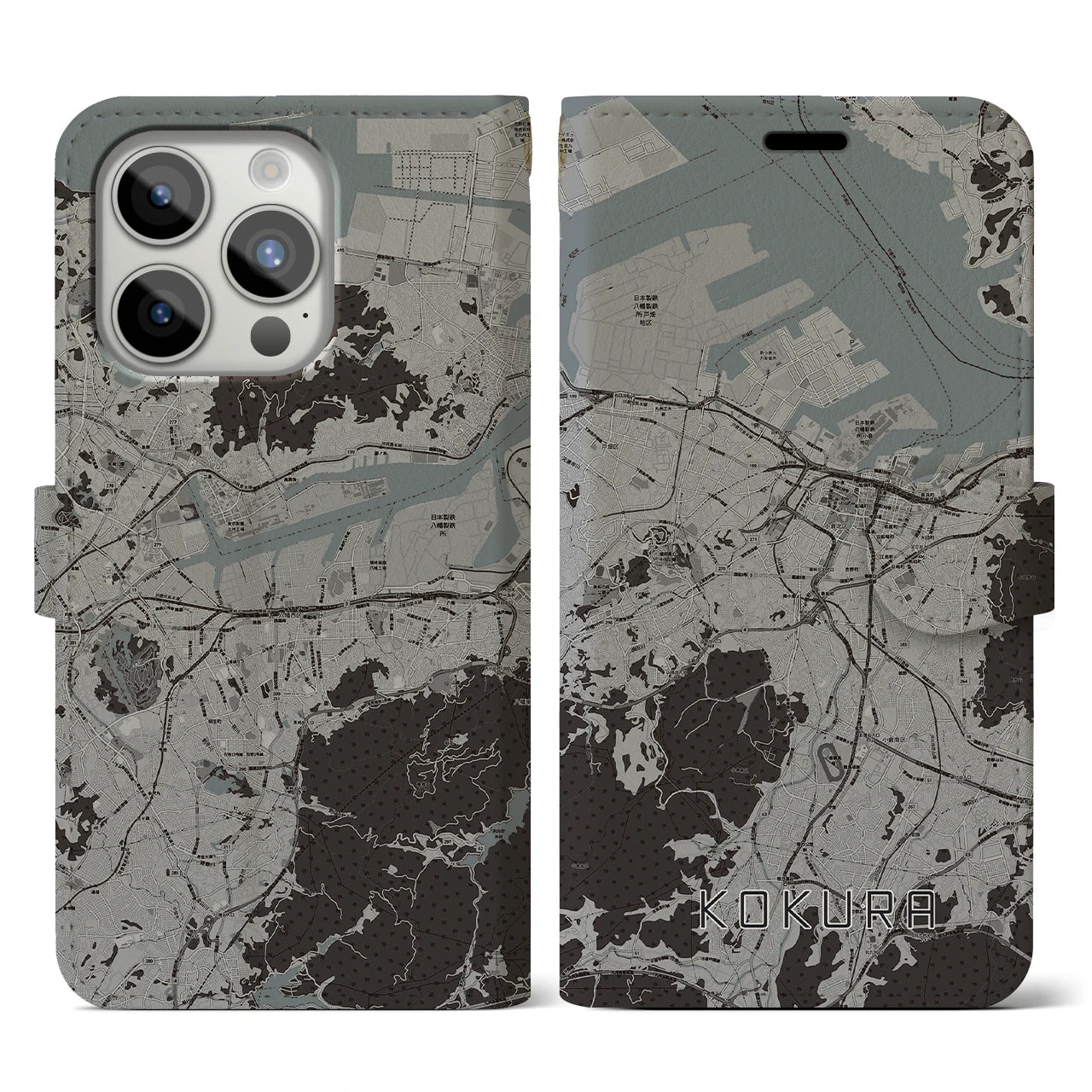 【小倉(福岡県)】地図柄iPhoneケース(手帳タイプ)モノトーン・iPhone 15 Pro 用