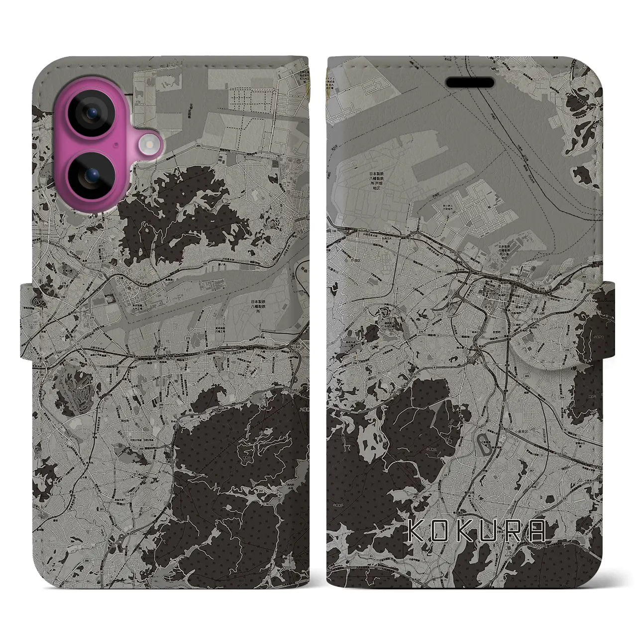 【小倉(福岡県)】地図柄iPhoneケース(手帳タイプ)モノトーン・iPhone 16 Pro 用