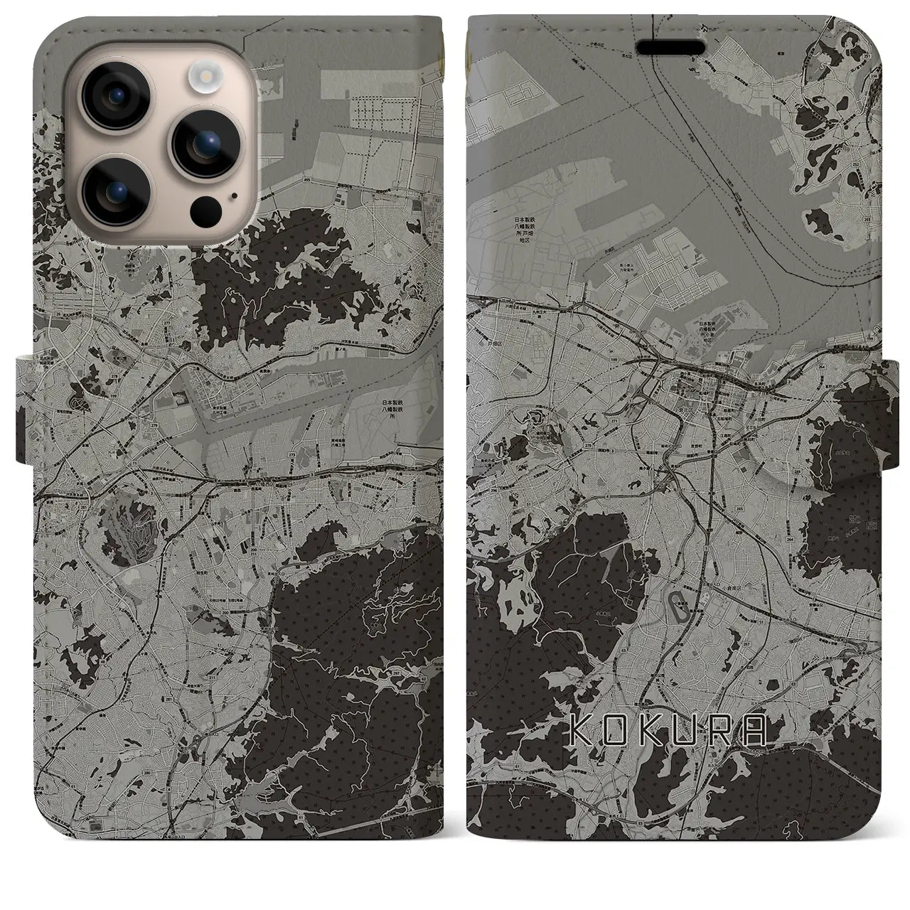 【小倉(福岡県)】地図柄iPhoneケース(手帳タイプ)モノトーン・iPhone 16 Plus 用