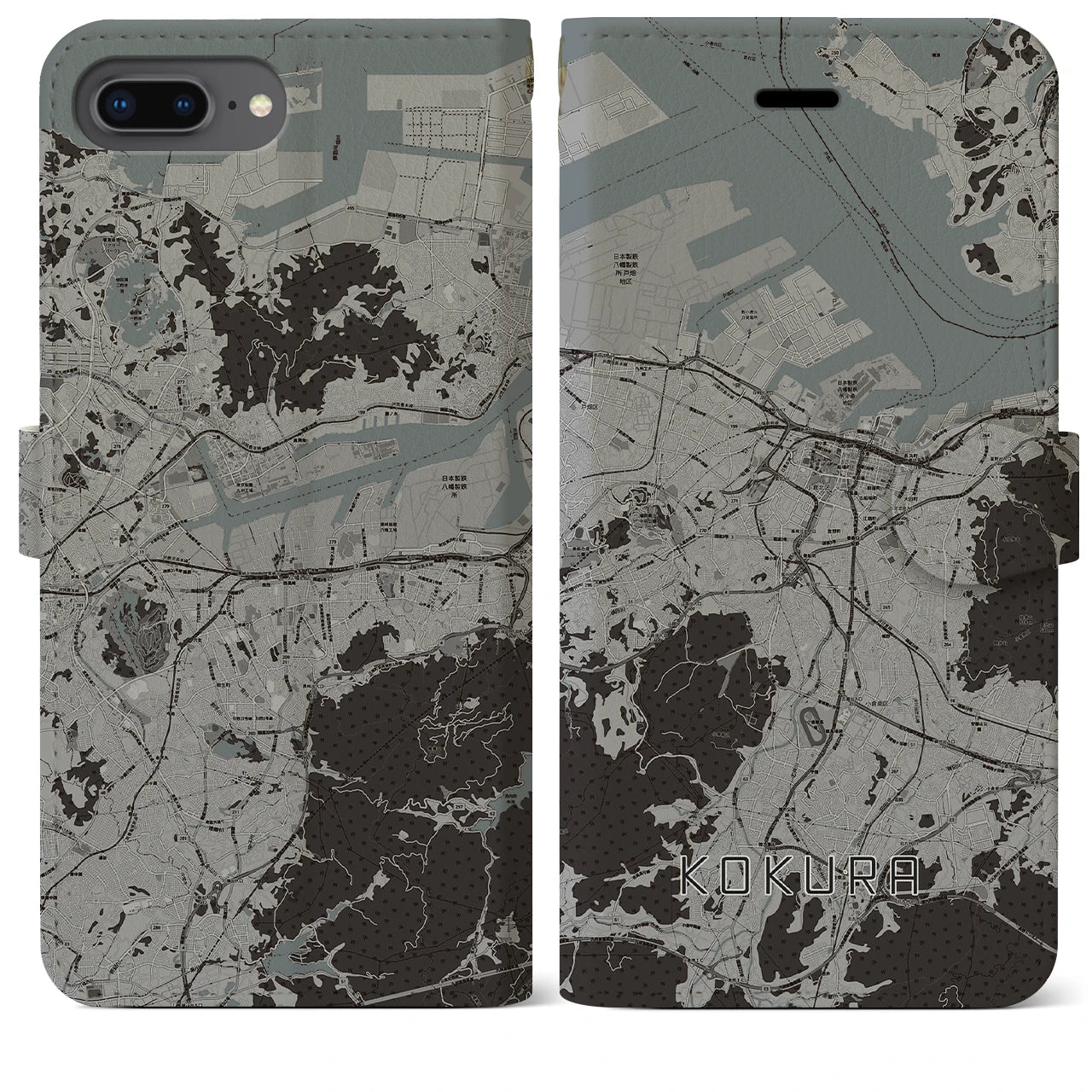 【小倉(福岡県)】地図柄iPhoneケース(手帳タイプ)モノトーン・iPhone 8Plus /7Plus / 6sPlus / 6Plus 用