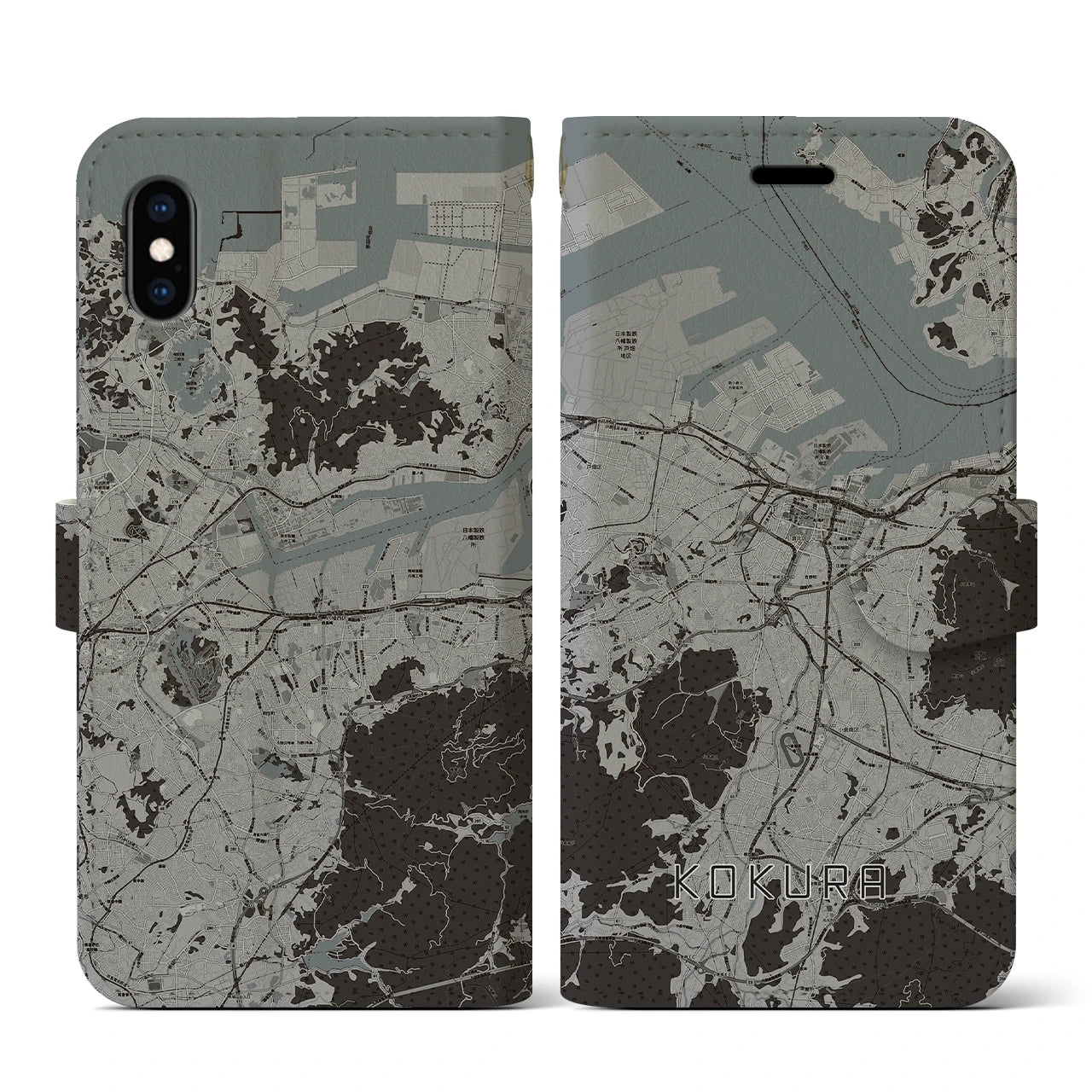 【小倉(福岡県)】地図柄iPhoneケース(手帳タイプ)モノトーン・iPhone XS / X 用