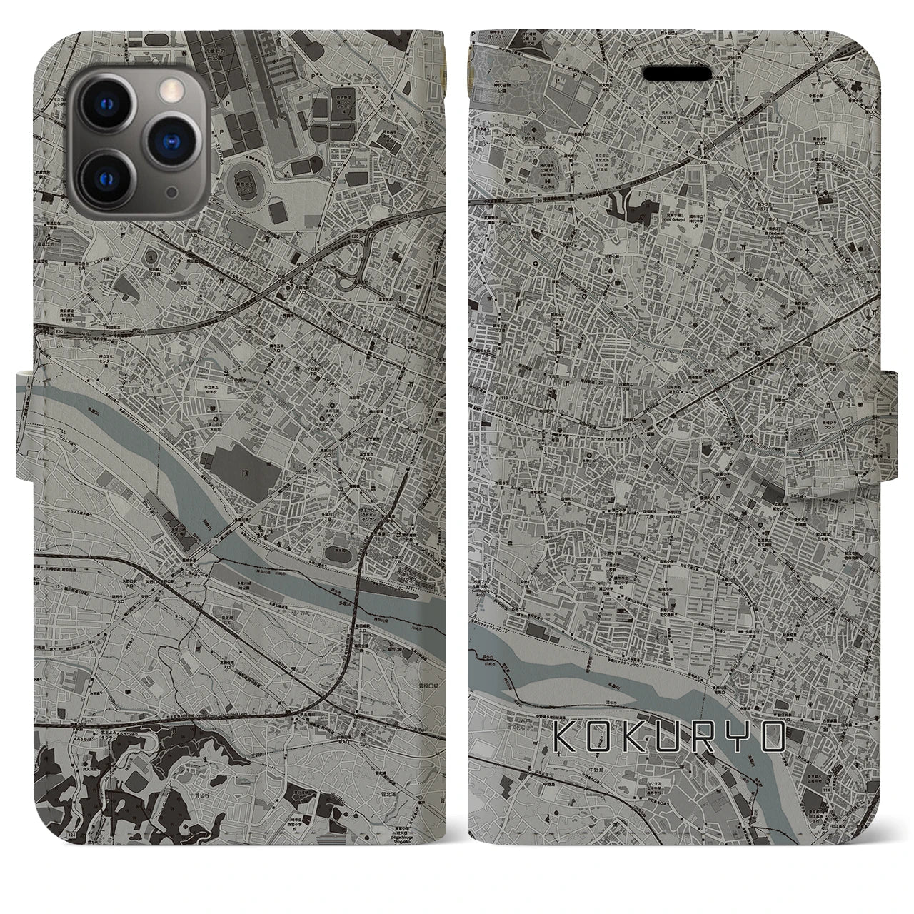 【国領(東京都)】地図柄iPhoneケース(手帳タイプ)モノトーン・iPhone 11 Pro Max 用