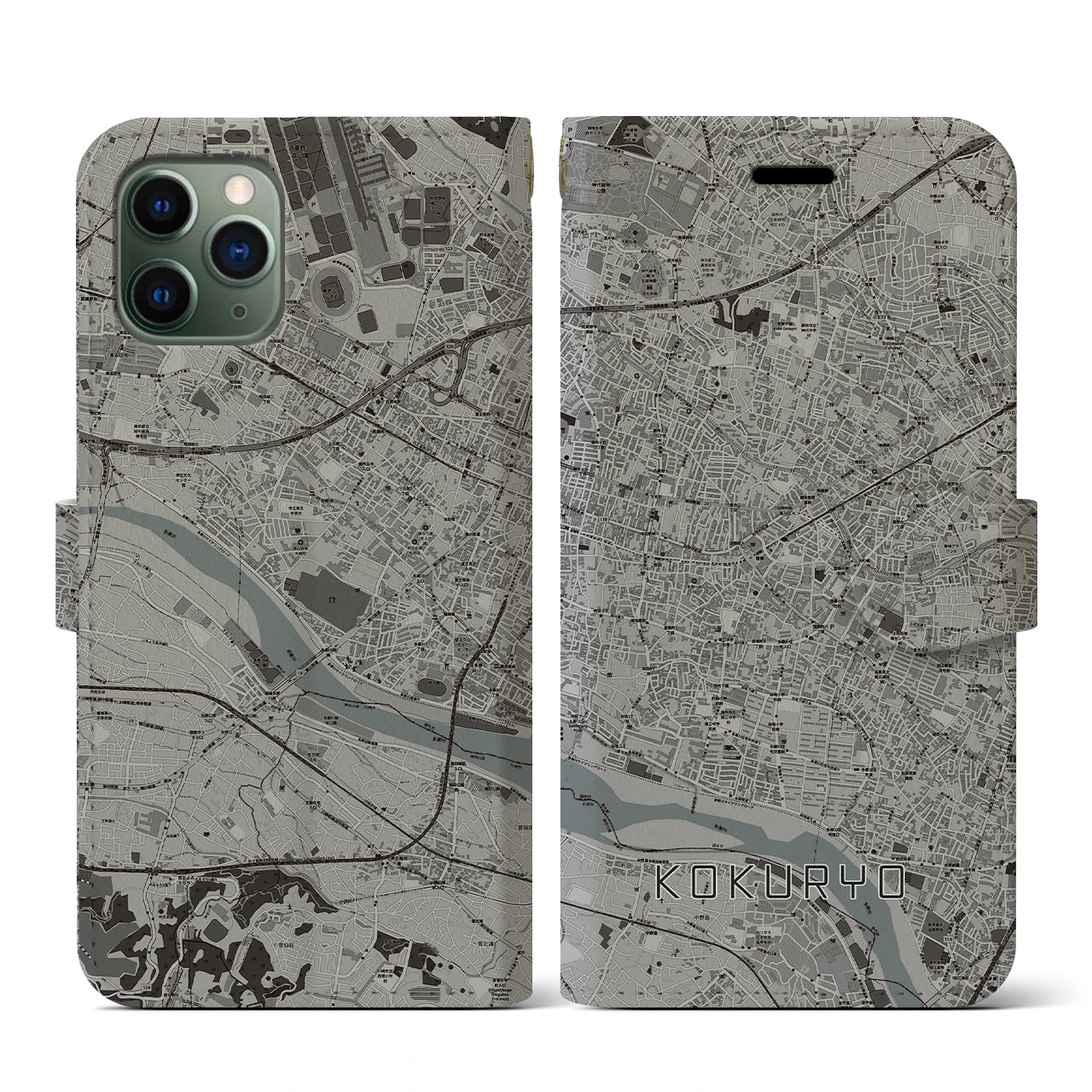 【国領(東京都)】地図柄iPhoneケース(手帳タイプ)モノトーン・iPhone 11 Pro 用