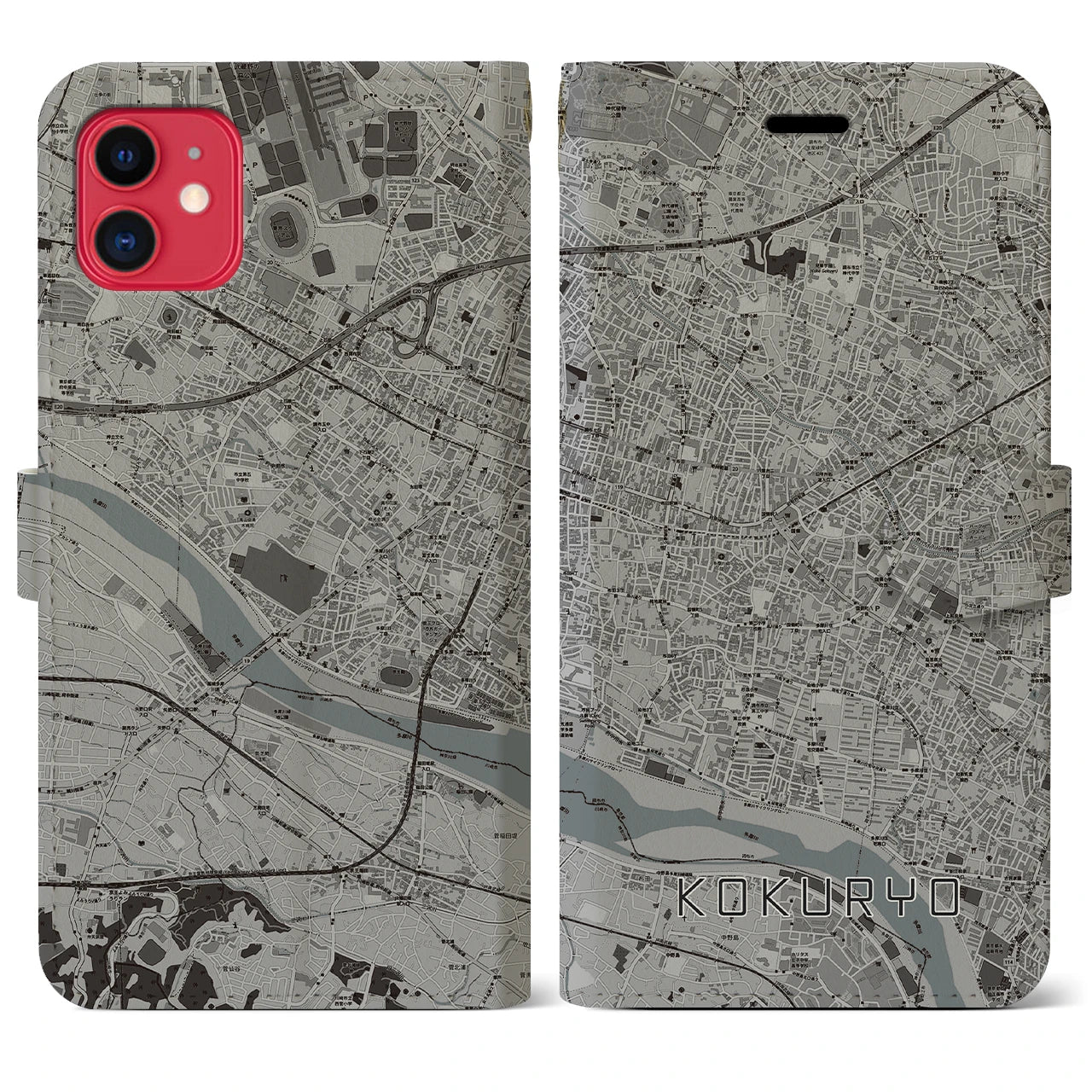 【国領(東京都)】地図柄iPhoneケース(手帳タイプ)モノトーン・iPhone 11 用