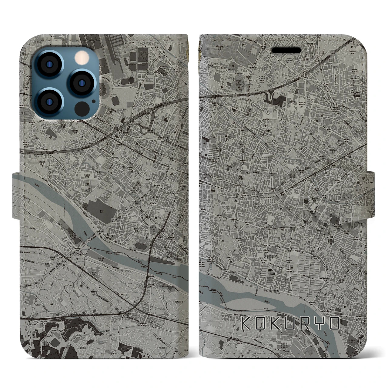 【国領(東京都)】地図柄iPhoneケース(手帳タイプ)モノトーン・iPhone 12 / 12 Pro 用